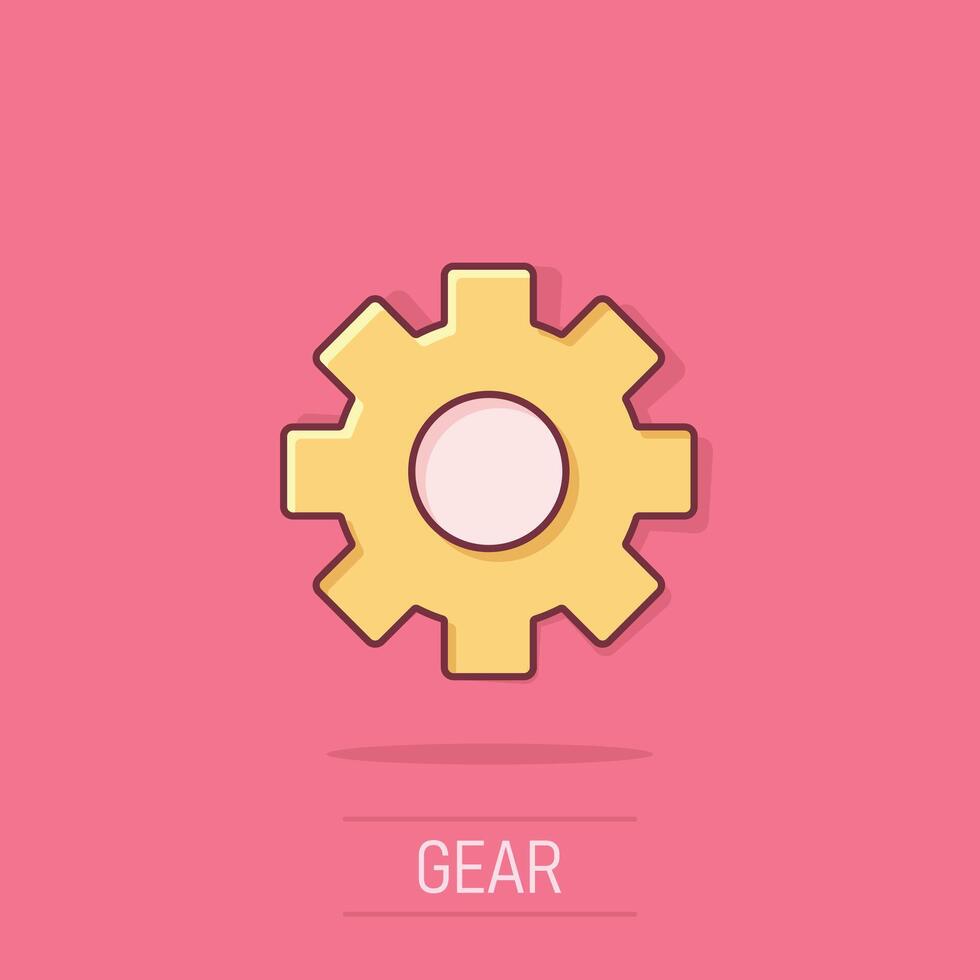 Gear vector icon in comic style. Cog wheel cartoon illustration on isolated background. Gearwheel cogwheel splash effect business concept.