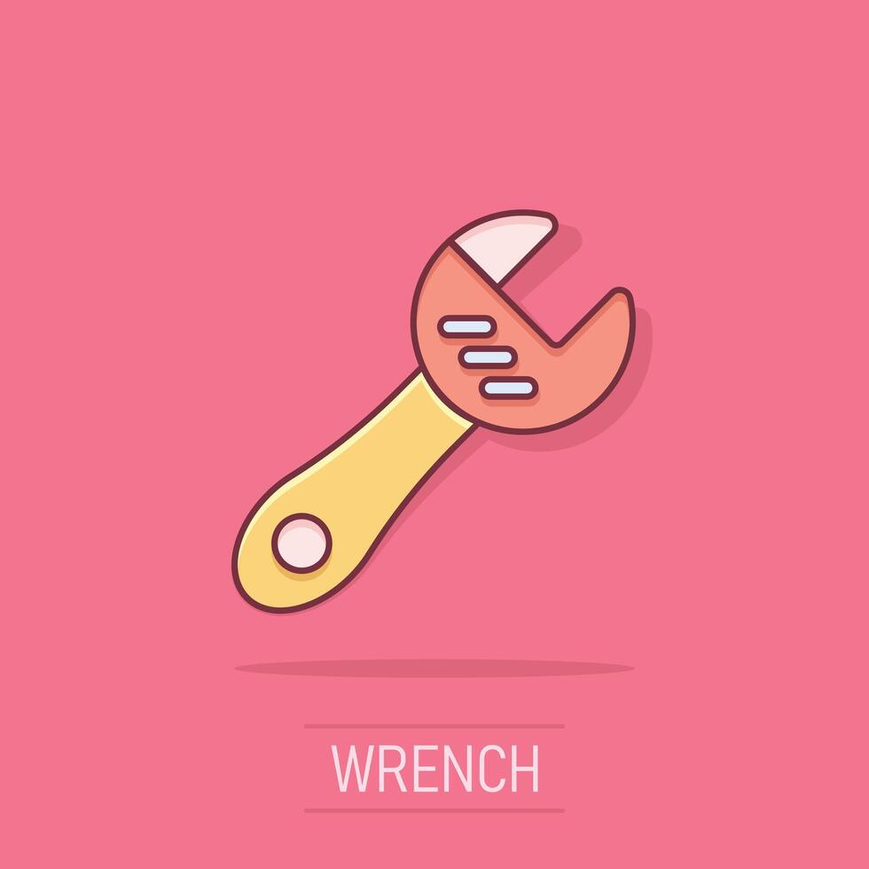 Wrench icon in comic style. Spanner key cartoon vector illustration on isolated background. Repair equipment splash effect business concept.