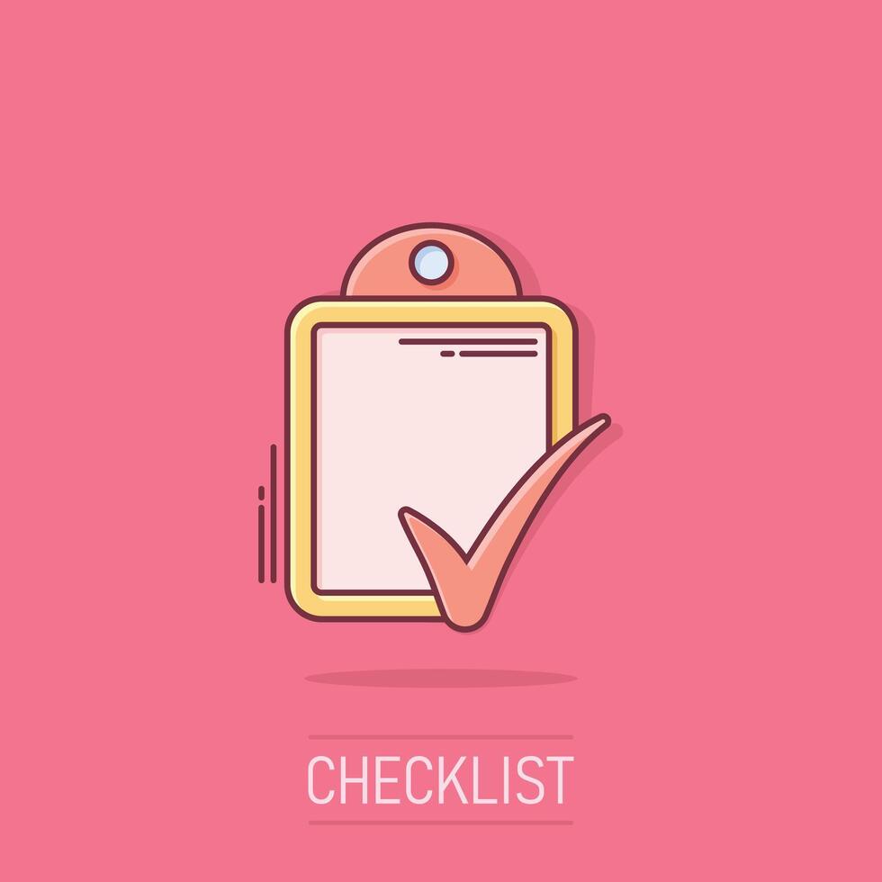 Document checklist icon in comic style. Report cartoon vector illustration on isolated background. Paper sheet splash effect business concept.