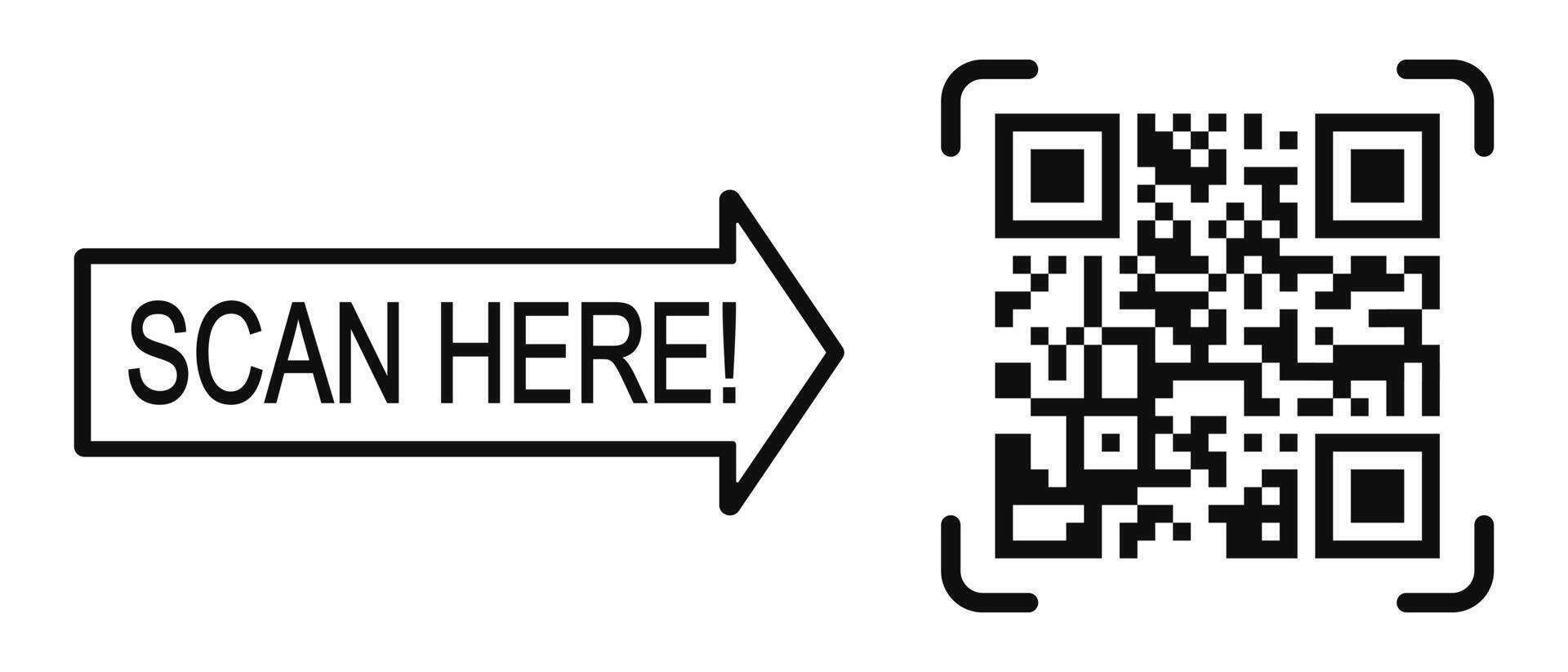 Scan here template with QR code pictogram. Quick responce matrix barcode readable by smartphone camera. Digital lebel with product information vector