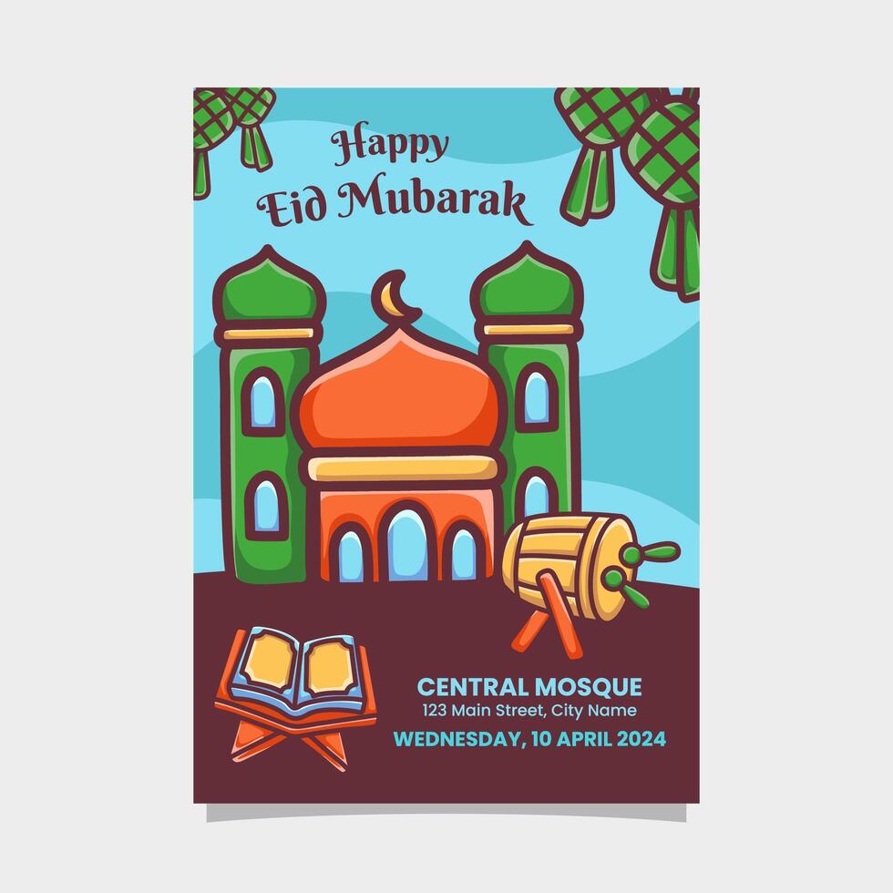 Eid Mubarak Flyer, Poster for Open House with mosque illustration design template vector