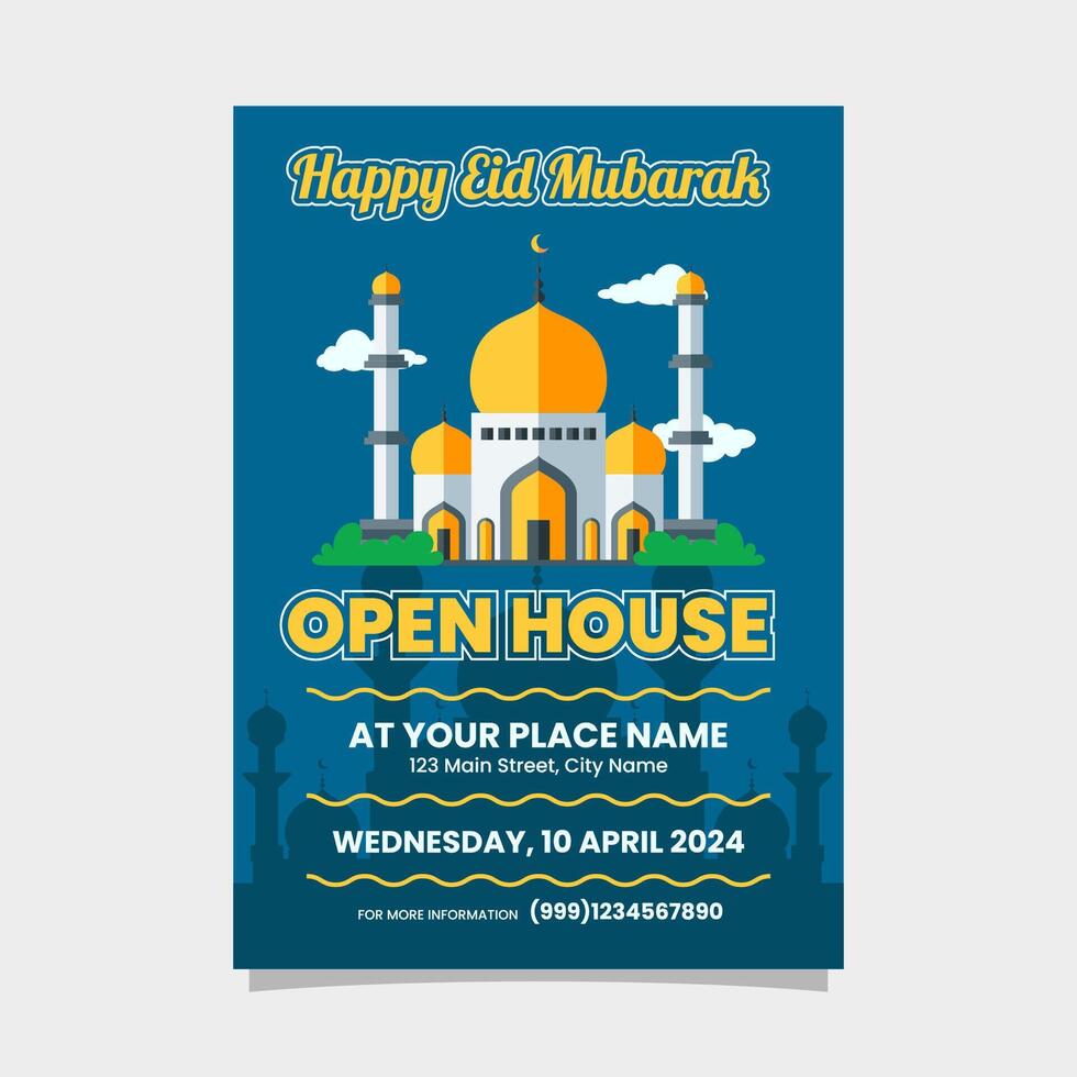 Eid Mubarak Flyer, Poster for Open House with mosque illustration design template vector