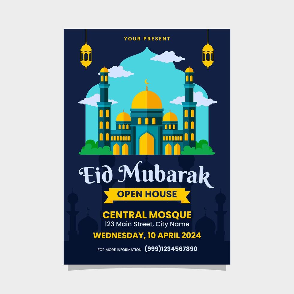 eid Mubarak volantes, póster para abierto casa con mezquita ilustración diseño modelo vector