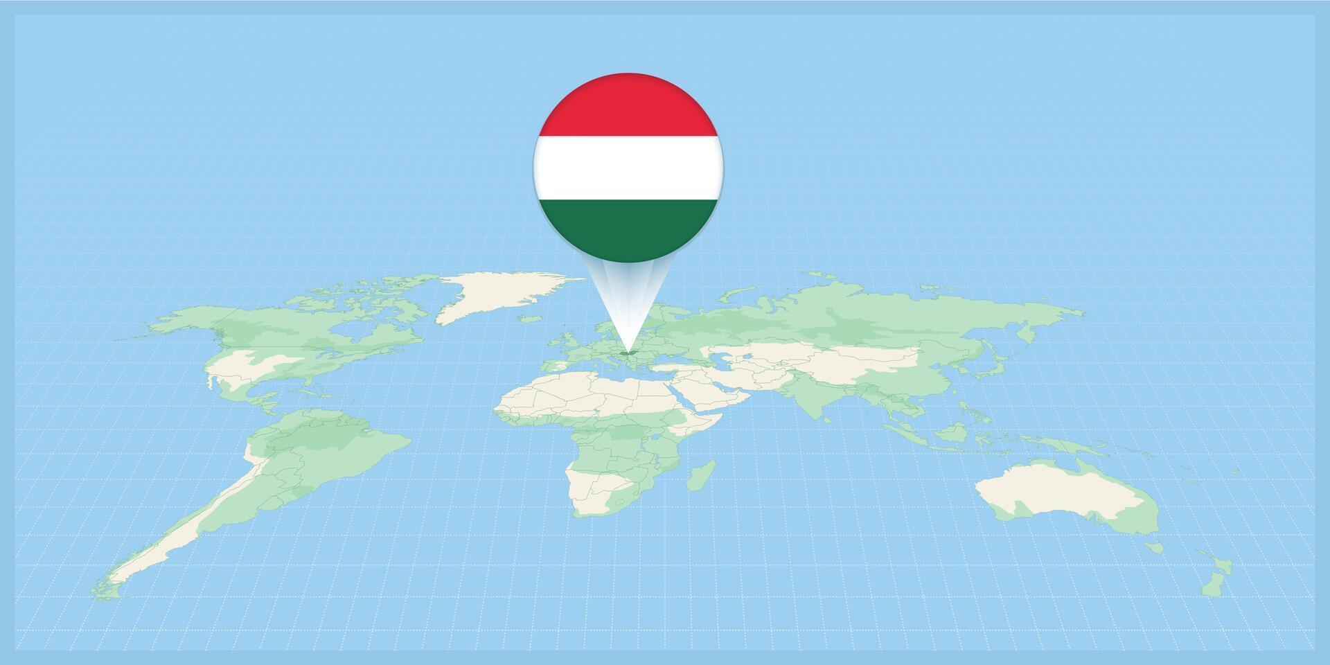 ubicación de Hungría en el mundo mapa, marcado con Hungría bandera alfiler. vector