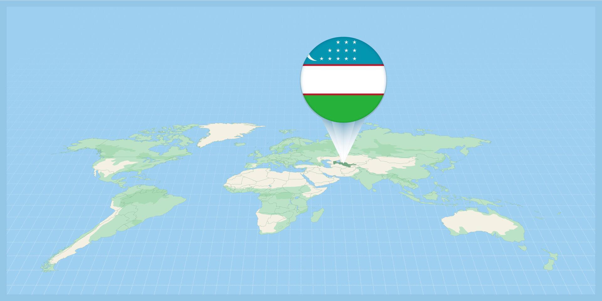 ubicación de Uzbekistán en el mundo mapa, marcado con Uzbekistán bandera alfiler. vector