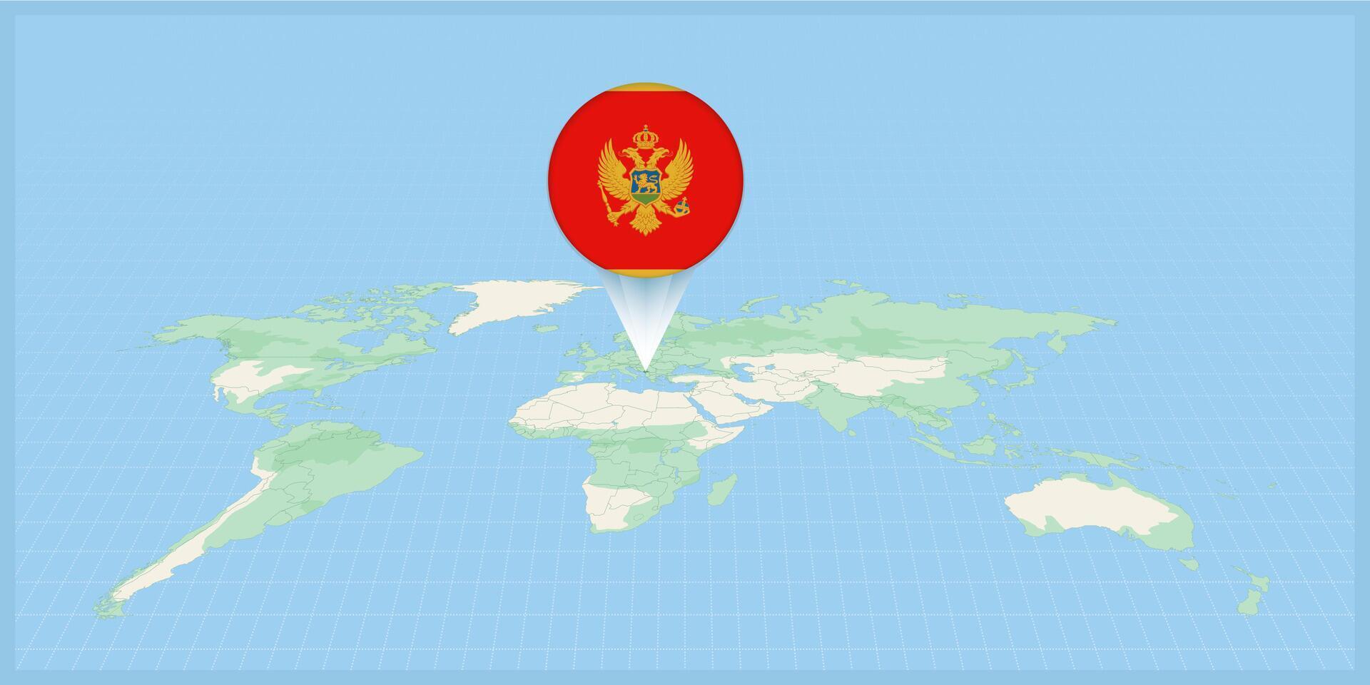 Location of Montenegro on the world map, marked with Montenegro flag pin. vector