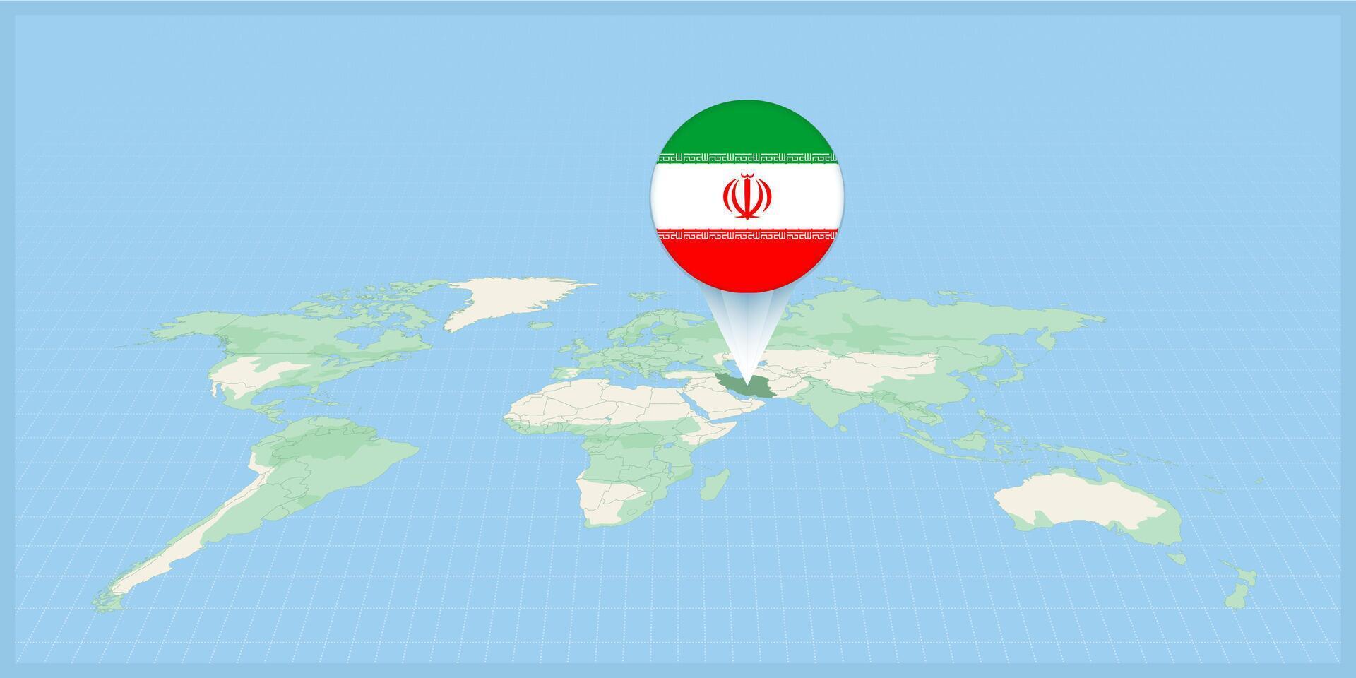 Location of Iran on the world map, marked with Iran flag pin. vector