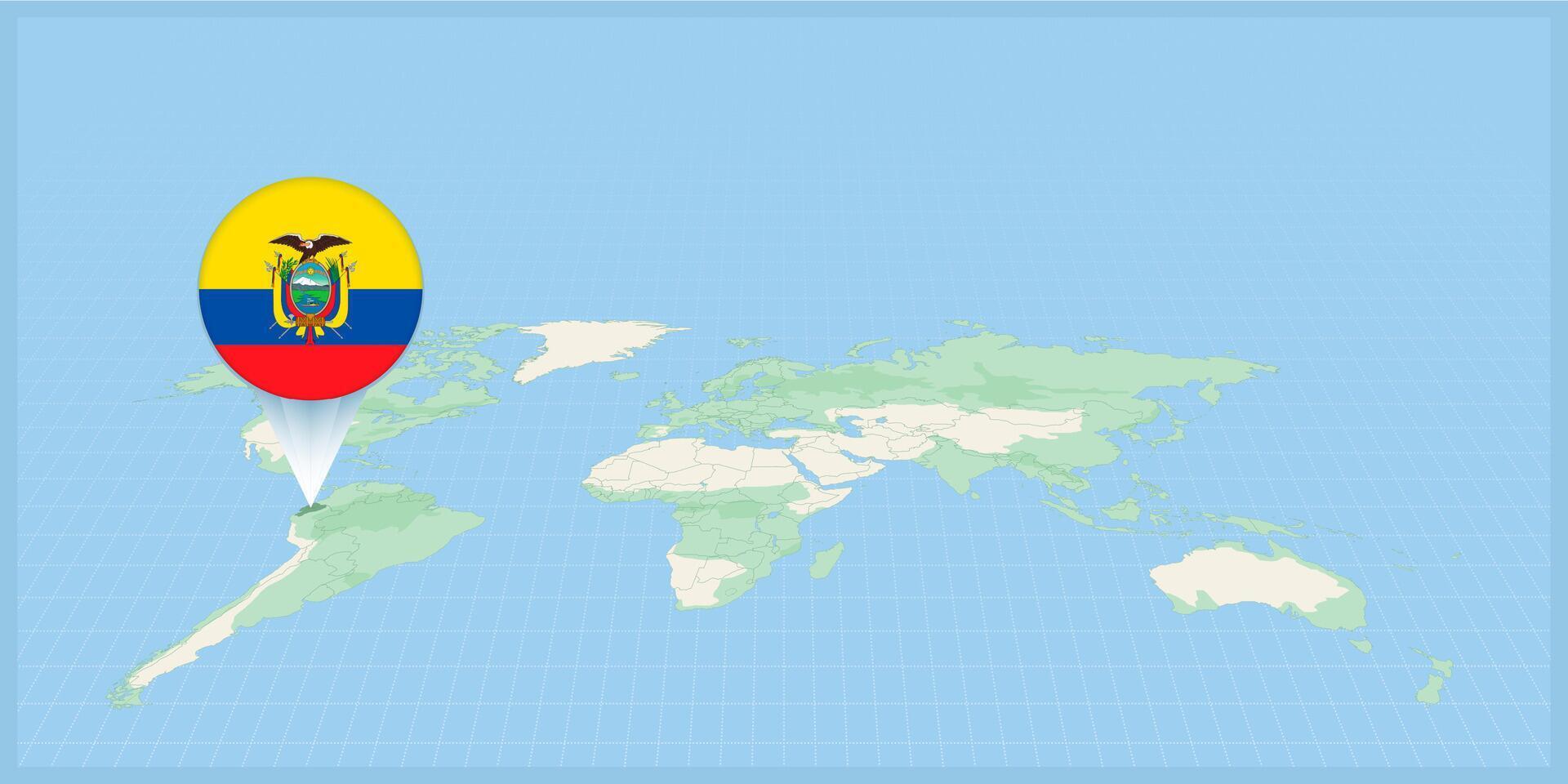 Location of Ecuador on the world map, marked with Ecuador flag pin. vector