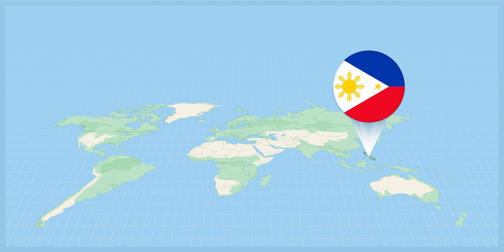 ubicación de Filipinas en el mundo mapa, marcado con Filipinas bandera alfiler. vector