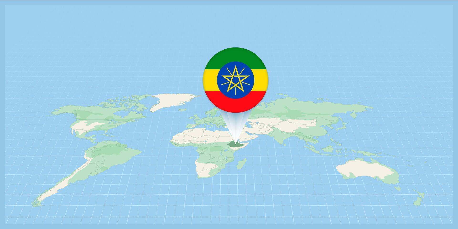 Location of Ethiopia on the world map, marked with Ethiopia flag pin. vector