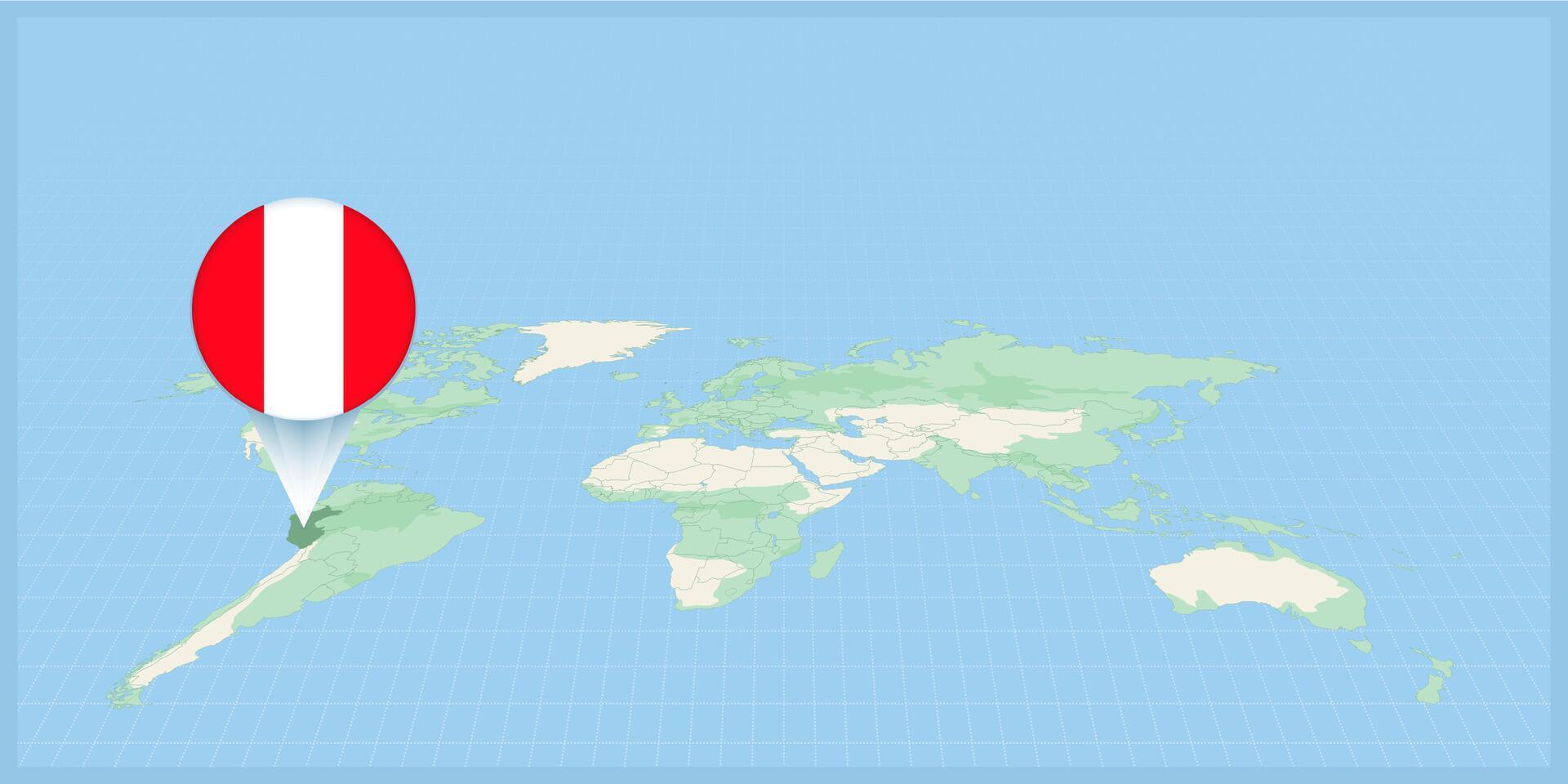 Location of Peru on the world map, marked with Peru flag pin. vector