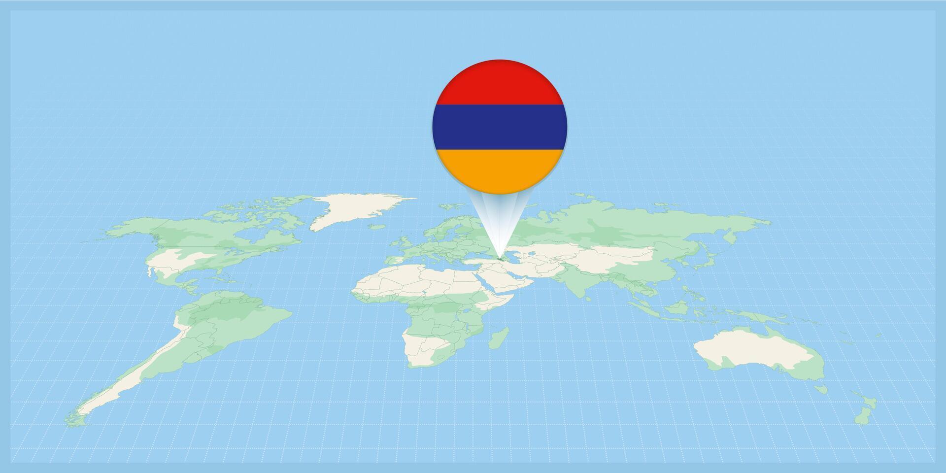 ubicación de Armenia en el mundo mapa, marcado con Armenia bandera alfiler. vector