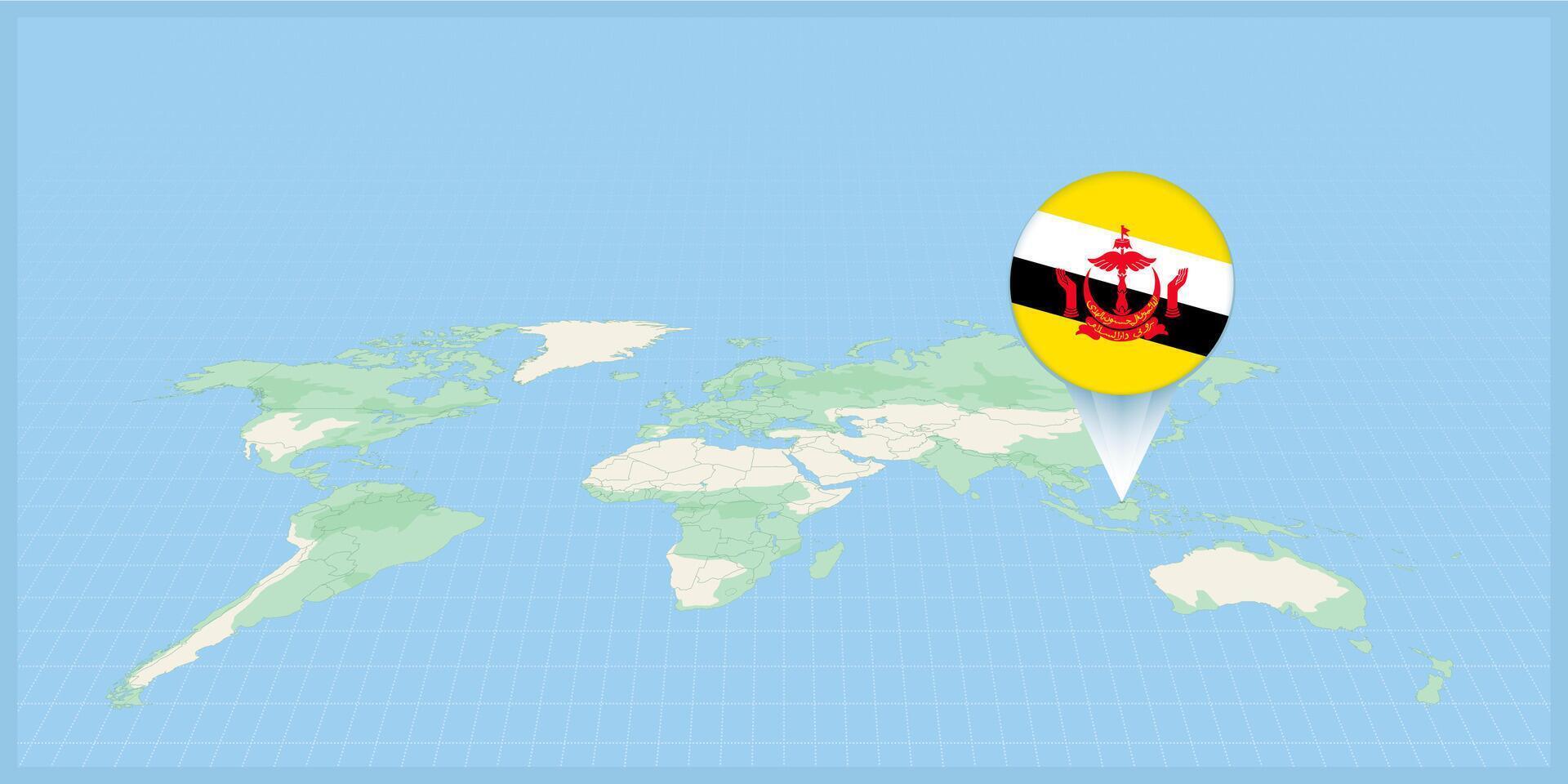 ubicación de Brunei en el mundo mapa, marcado con Brunei bandera alfiler. vector