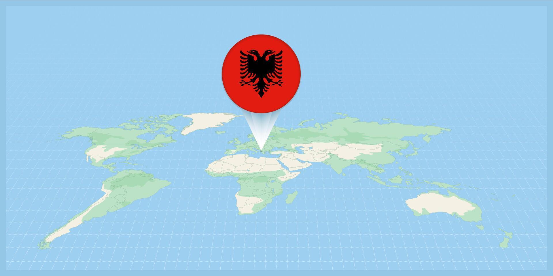 Location of Albania on the world map, marked with Albania flag pin. vector