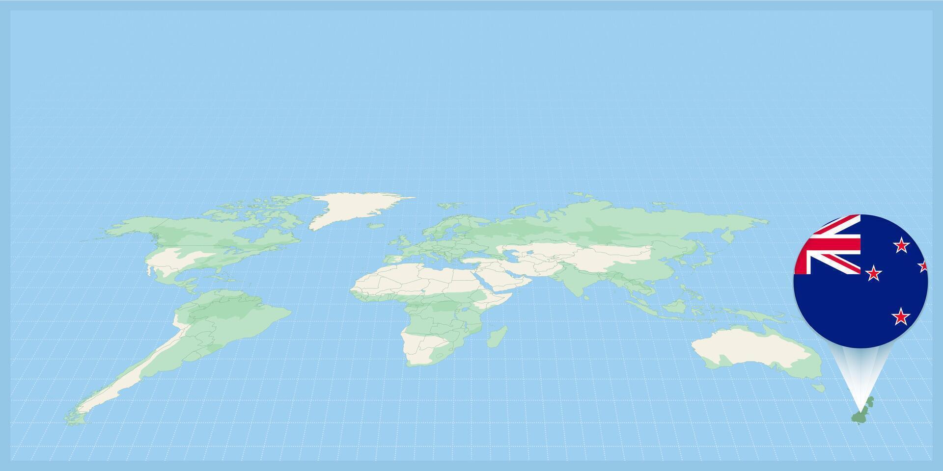 Location of New Zealand on the world map, marked with New Zealand flag pin. vector
