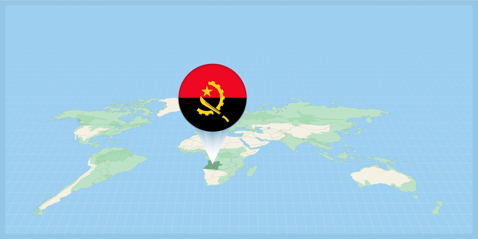 ubicación de angola en el mundo mapa, marcado con angola bandera alfiler. vector