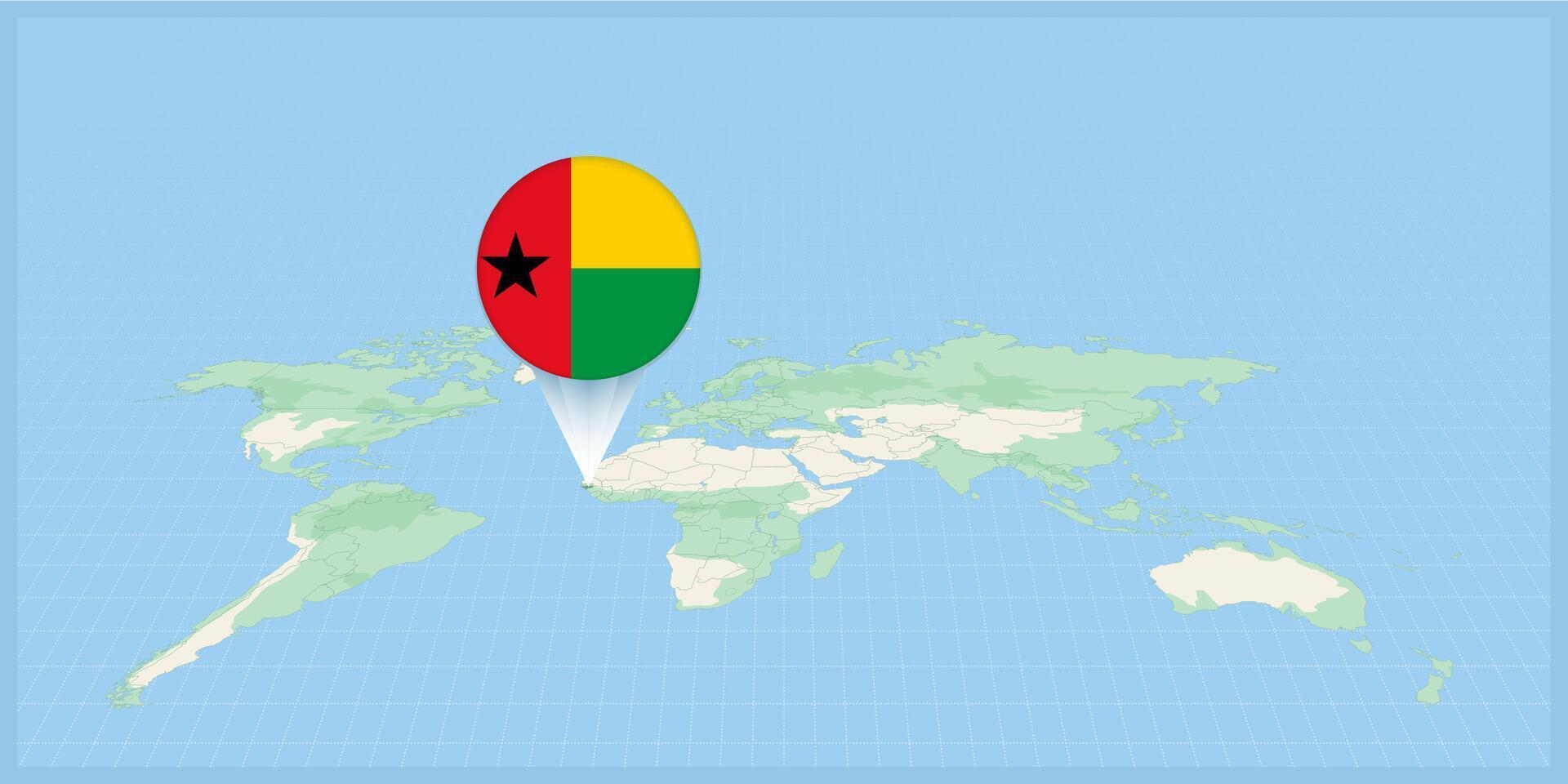 Location of Guinea-Bissau on the world map, marked with Guinea-Bissau flag pin. vector