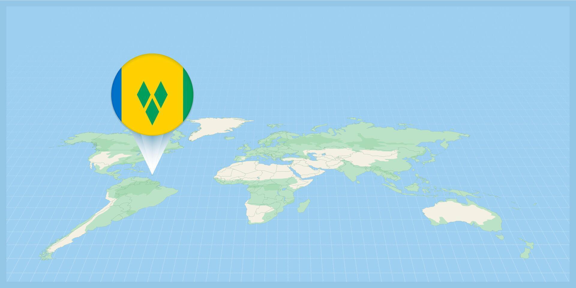 Location of Saint Vincent and the Grenadines on the world map, marked with Saint Vincent and the Grenadines flag pin. vector
