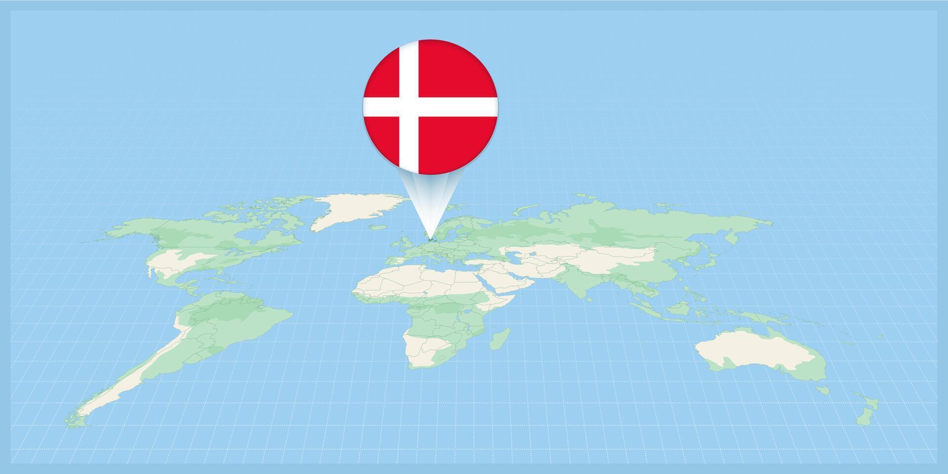 Location of Denmark on the world map, marked with Denmark flag pin. vector