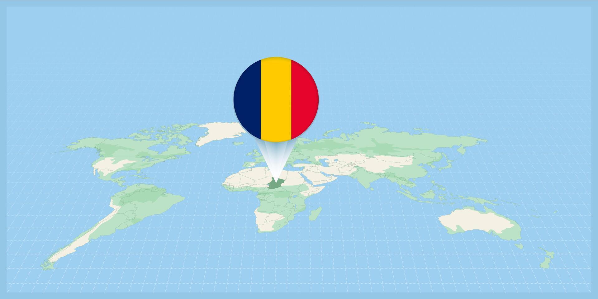 ubicación de Chad en el mundo mapa, marcado con Chad bandera alfiler. vector