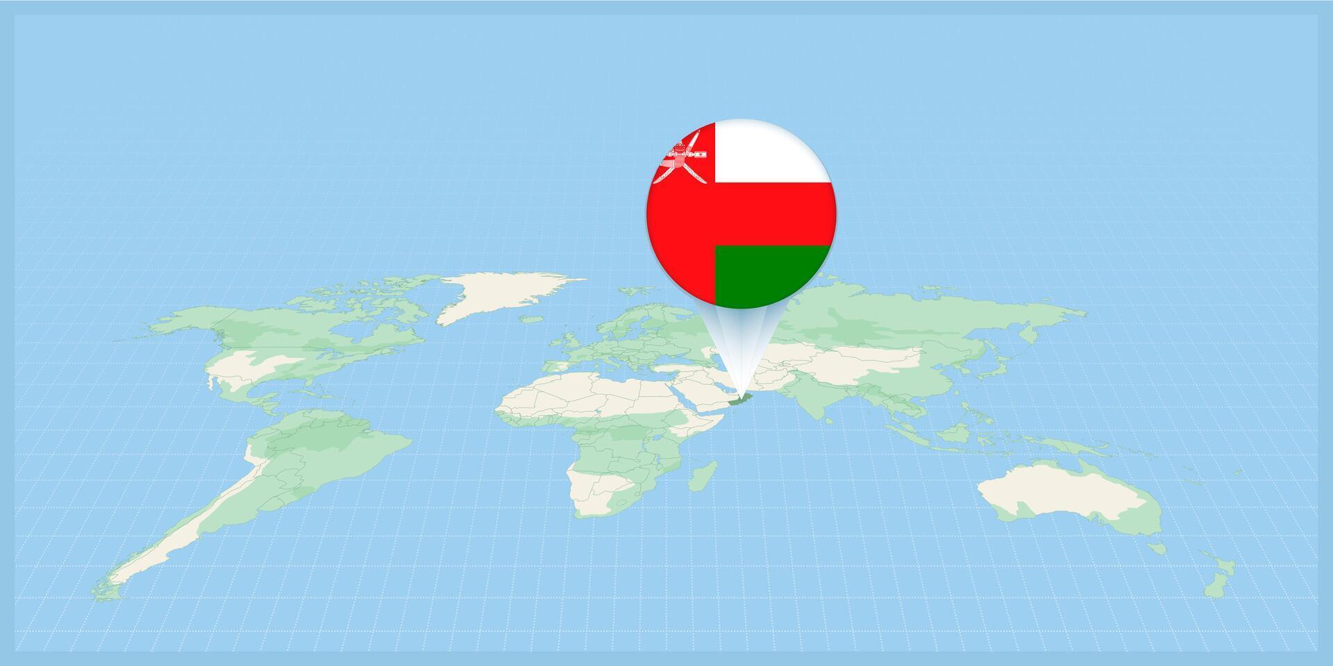 Location of Oman on the world map, marked with Oman flag pin. vector