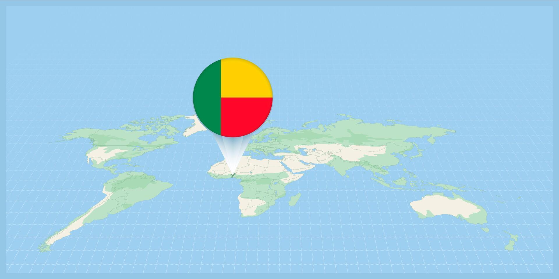 ubicación de benin en el mundo mapa, marcado con benin bandera alfiler. vector