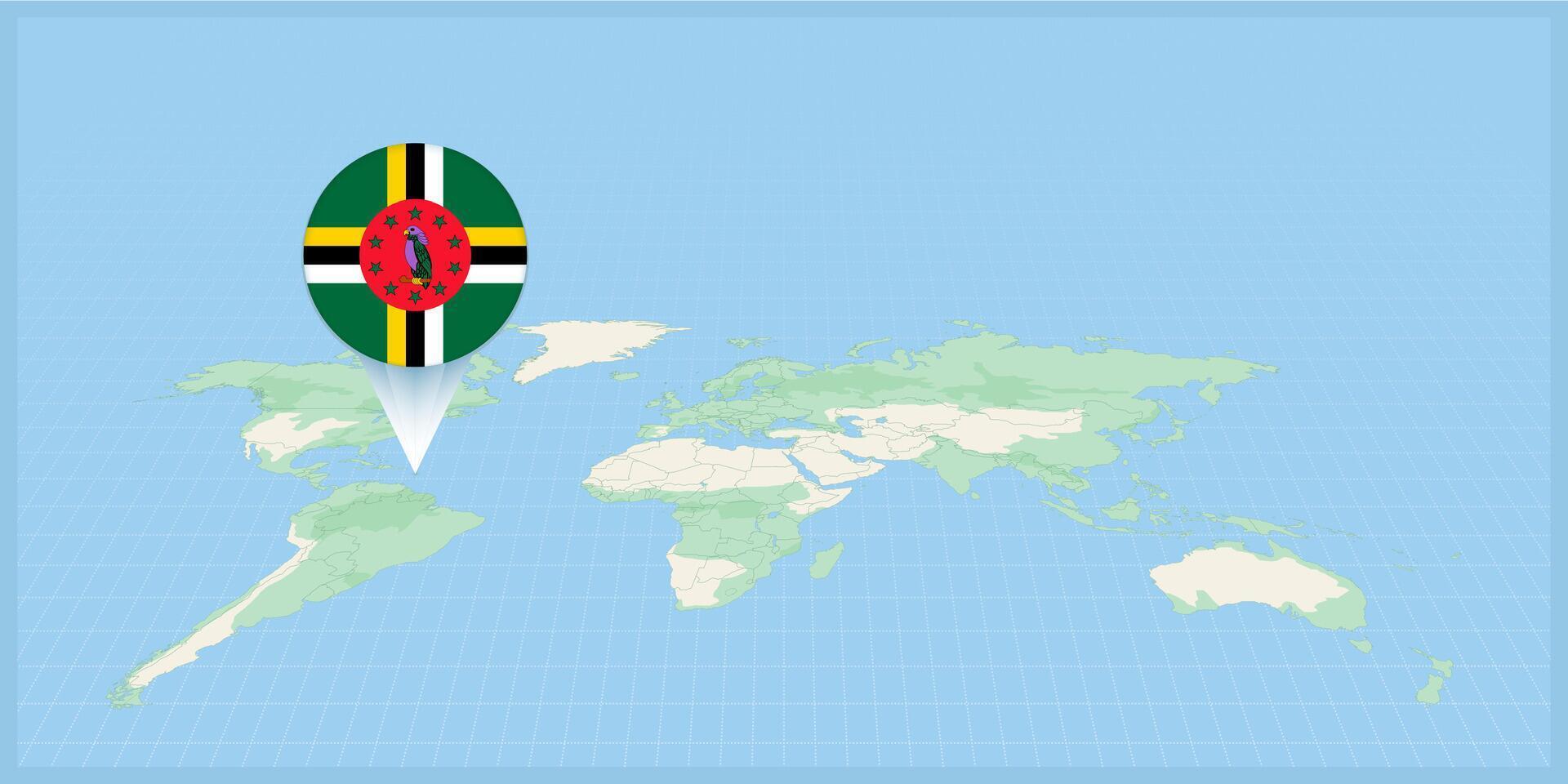 ubicación de dominica en el mundo mapa, marcado con dominica bandera alfiler. vector