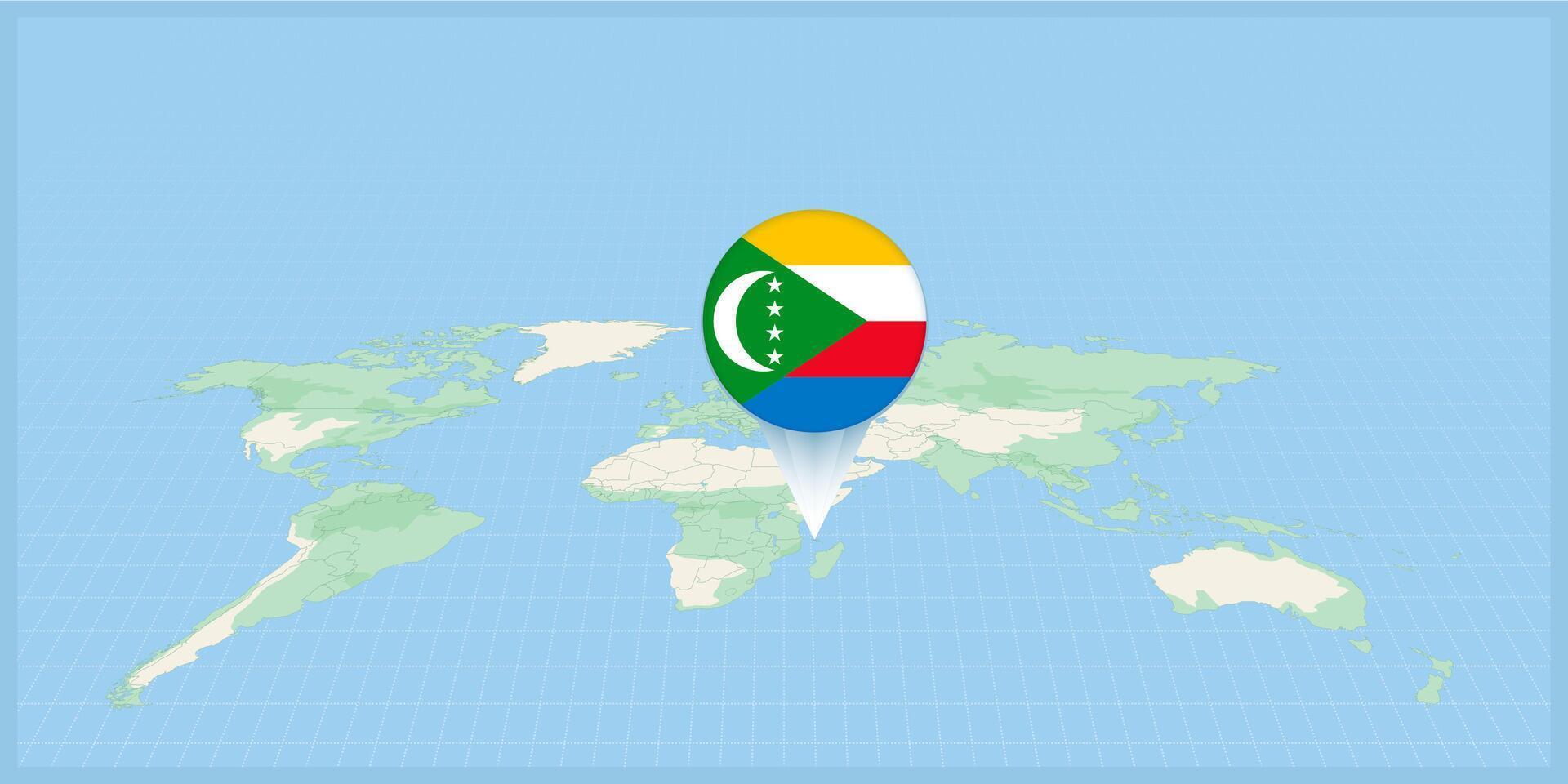 Location of Comoros on the world map, marked with Comoros flag pin. vector