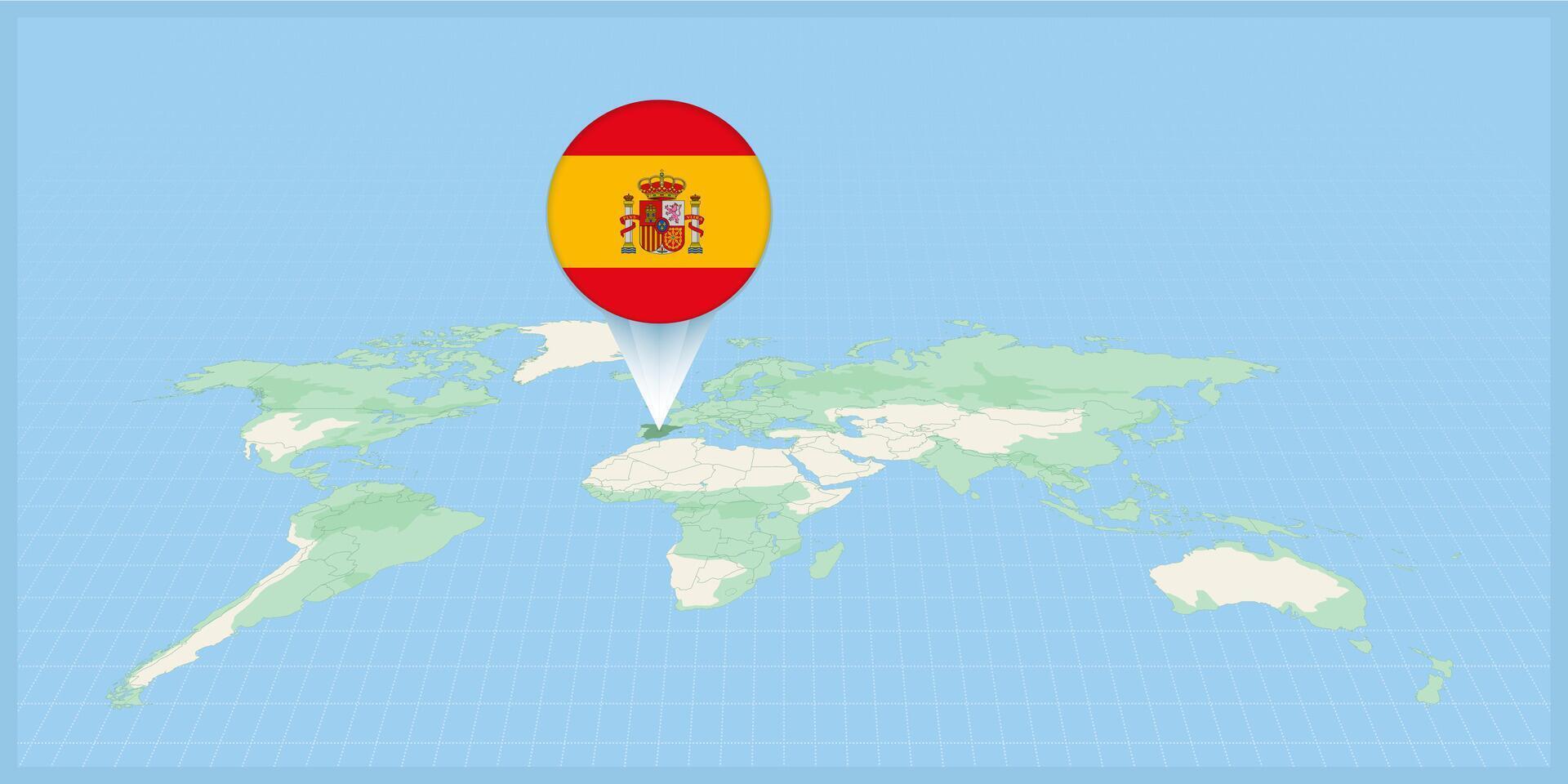 ubicación de España en el mundo mapa, marcado con España bandera alfiler. vector