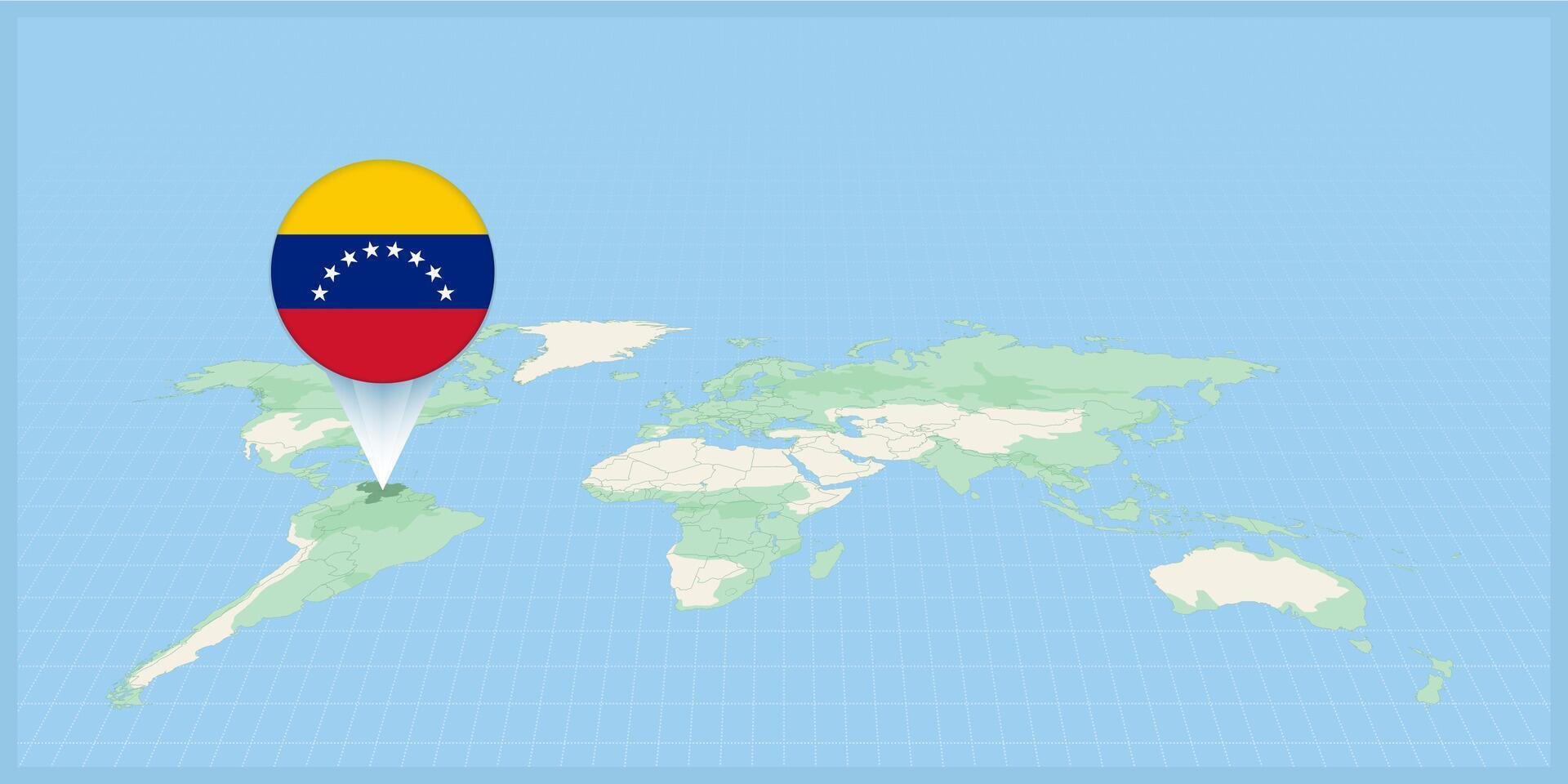 ubicación de Venezuela en el mundo mapa, marcado con Venezuela bandera alfiler. vector