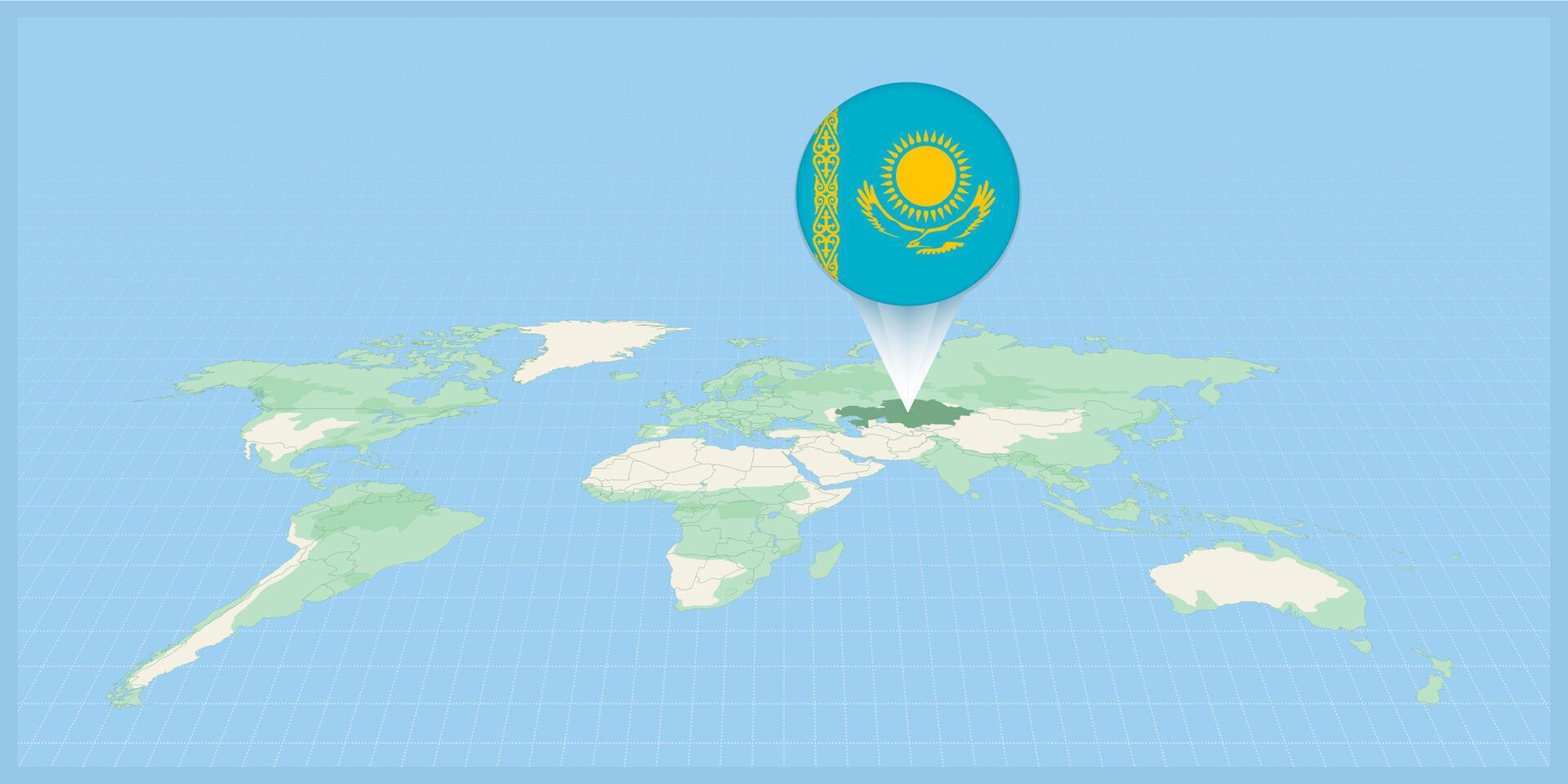 Location of Kazakhstan on the world map, marked with Kazakhstan flag pin. vector