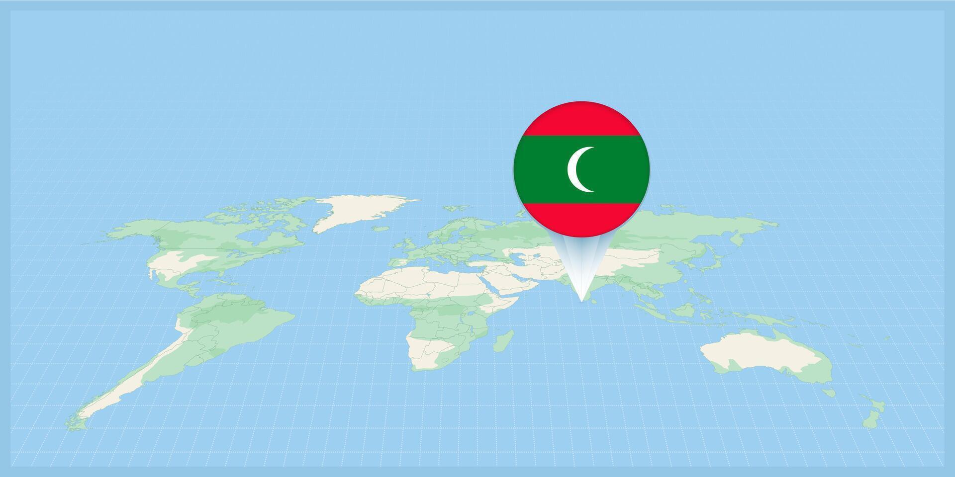 Location of Maldives on the world map, marked with Maldives flag pin. vector