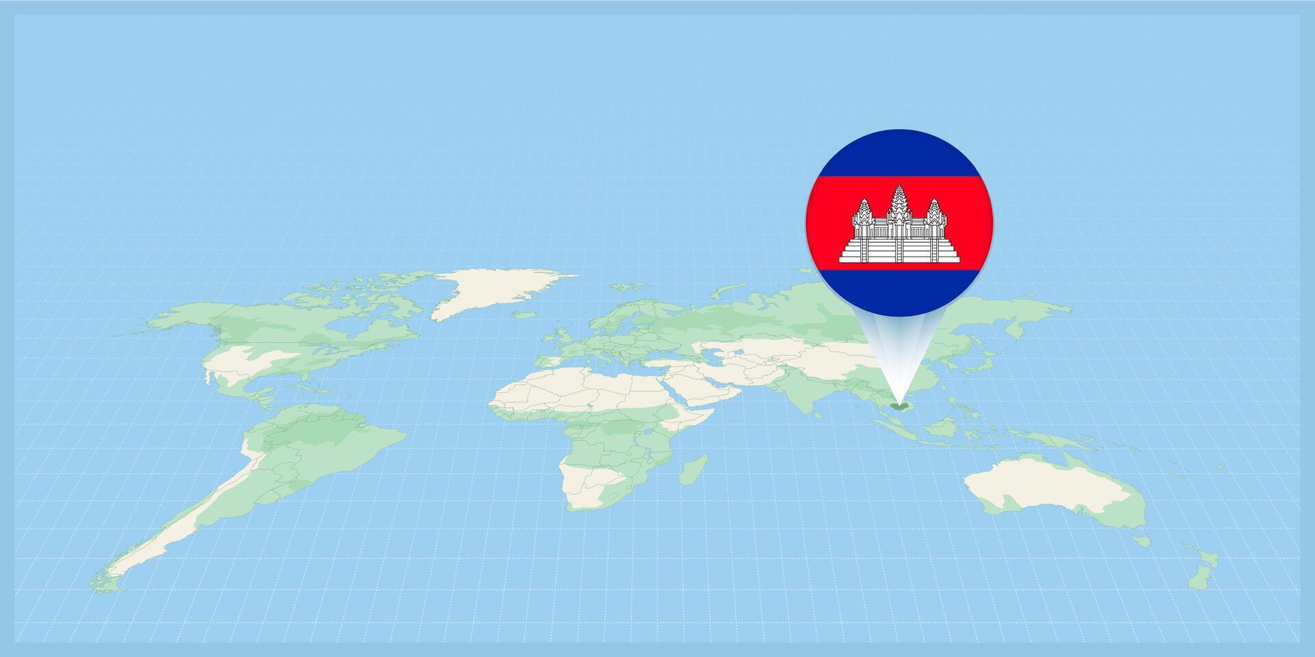 ubicación de Camboya en el mundo mapa, marcado con Camboya bandera alfiler. vector