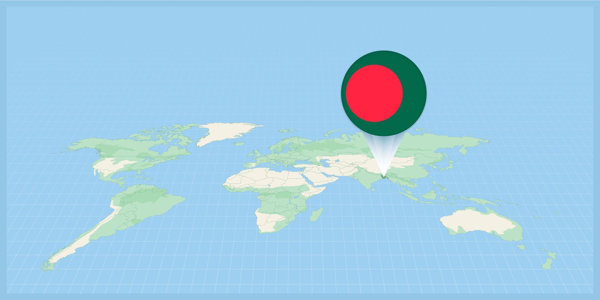 ubicación de Bangladesh en el mundo mapa, marcado con Bangladesh bandera alfiler. vector