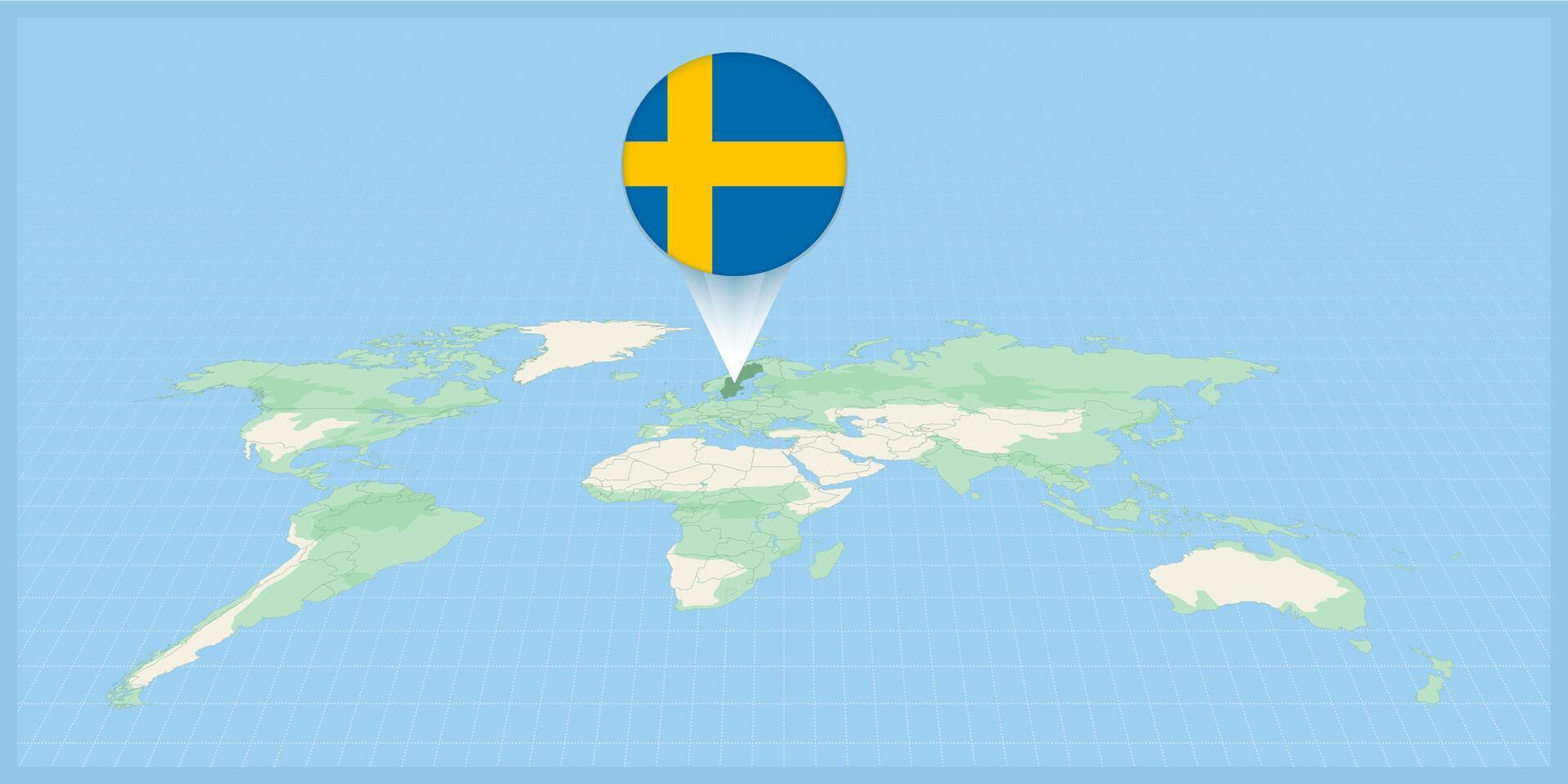 Location of Sweden on the world map, marked with Sweden flag pin. vector