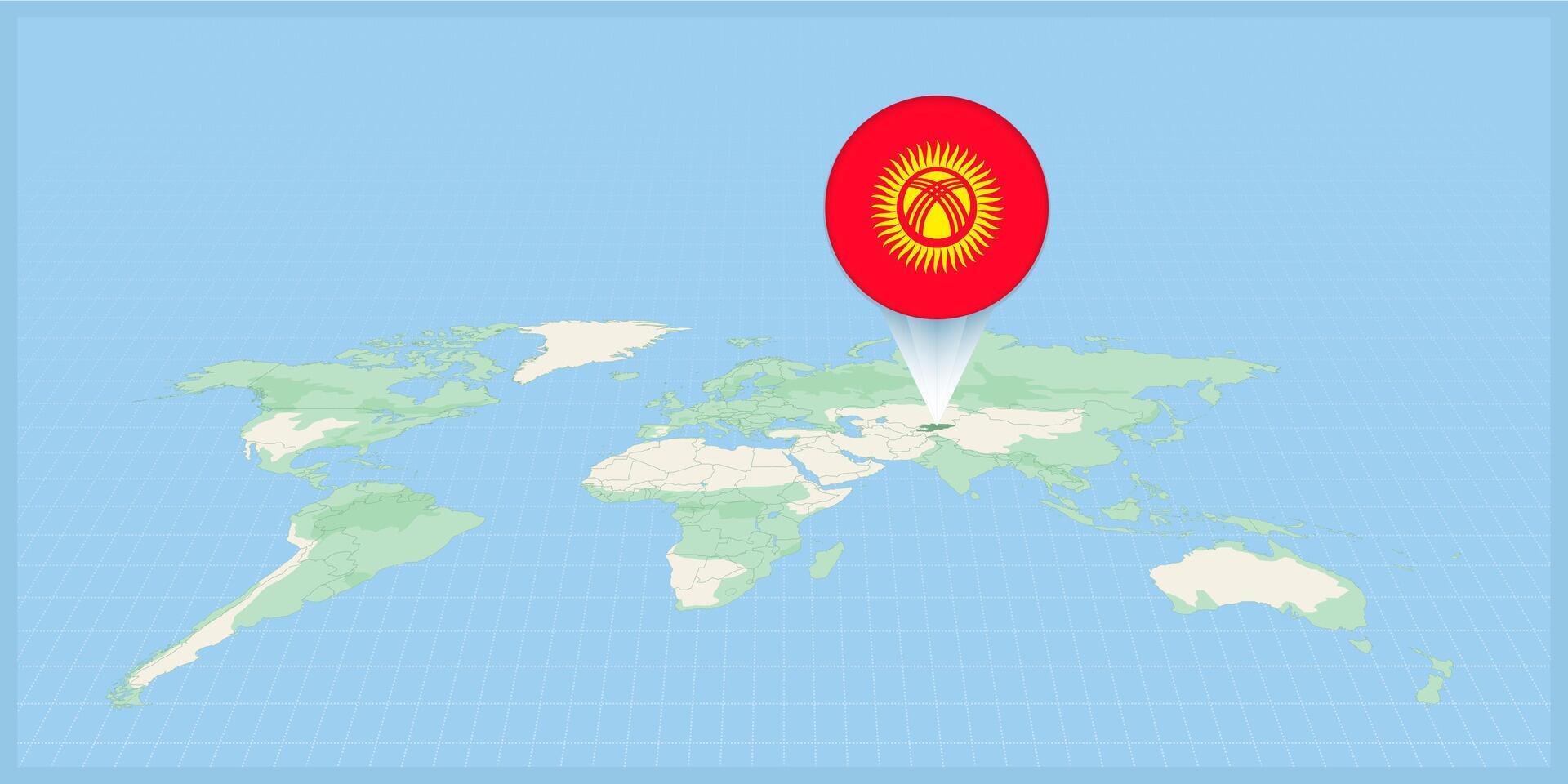 Location of Kyrgyzstan on the world map, marked with Kyrgyzstan flag pin. vector