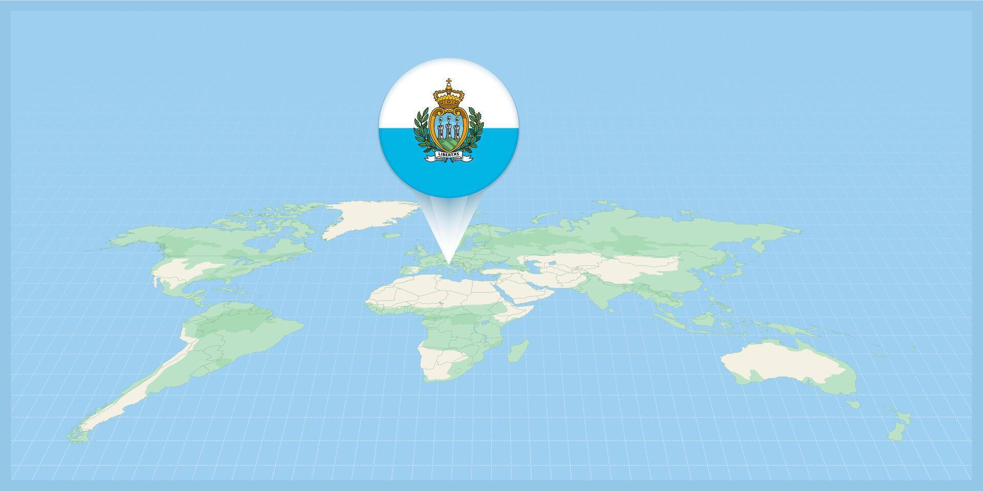 ubicación de san marino en el mundo mapa, marcado con san marino bandera alfiler. vector