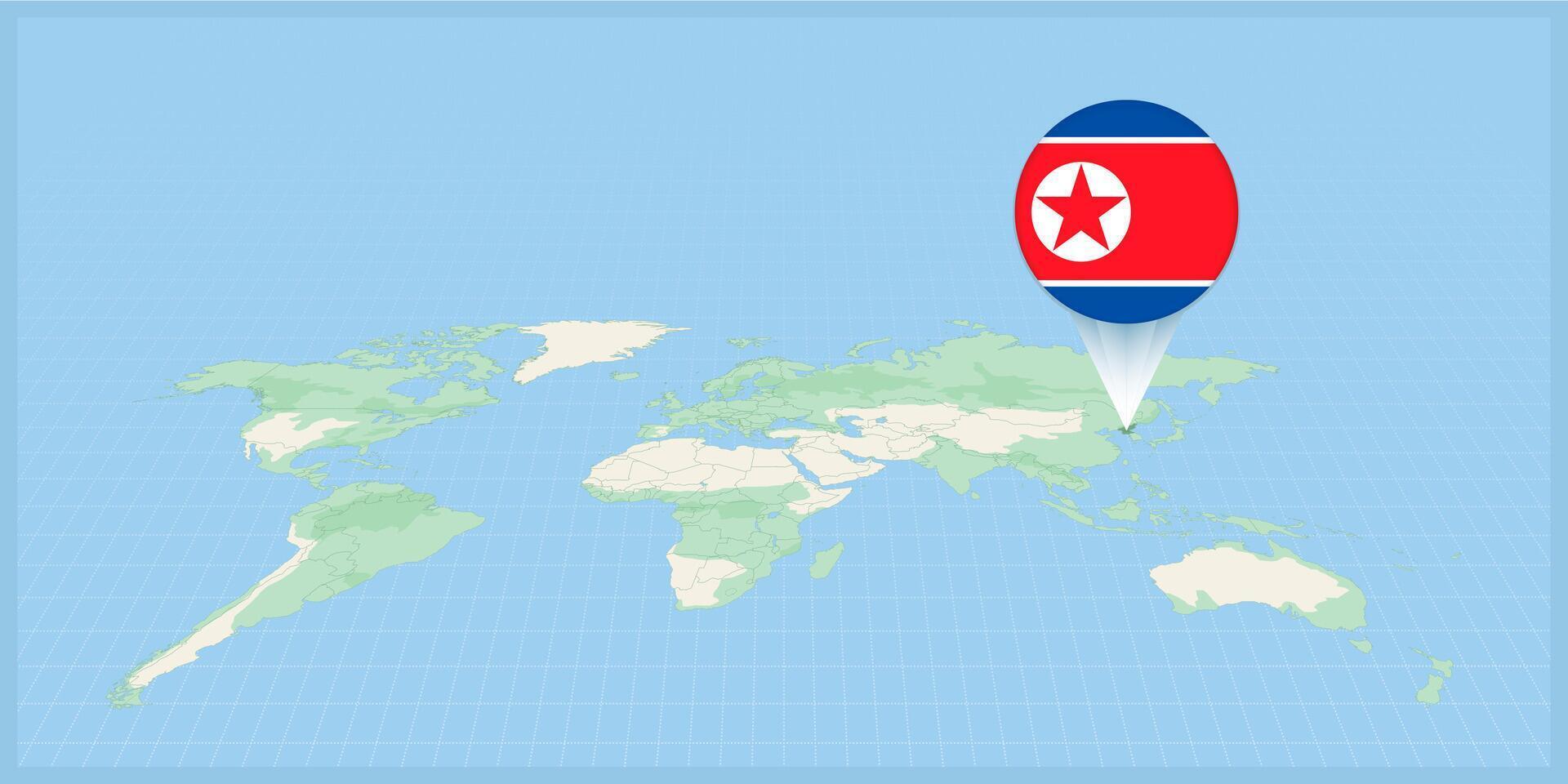 Location of North Korea on the world map, marked with North Korea flag pin. vector