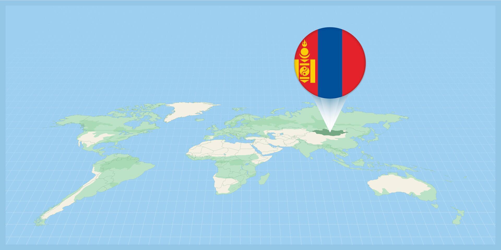 Location of Mongolia on the world map, marked with Mongolia flag pin. vector