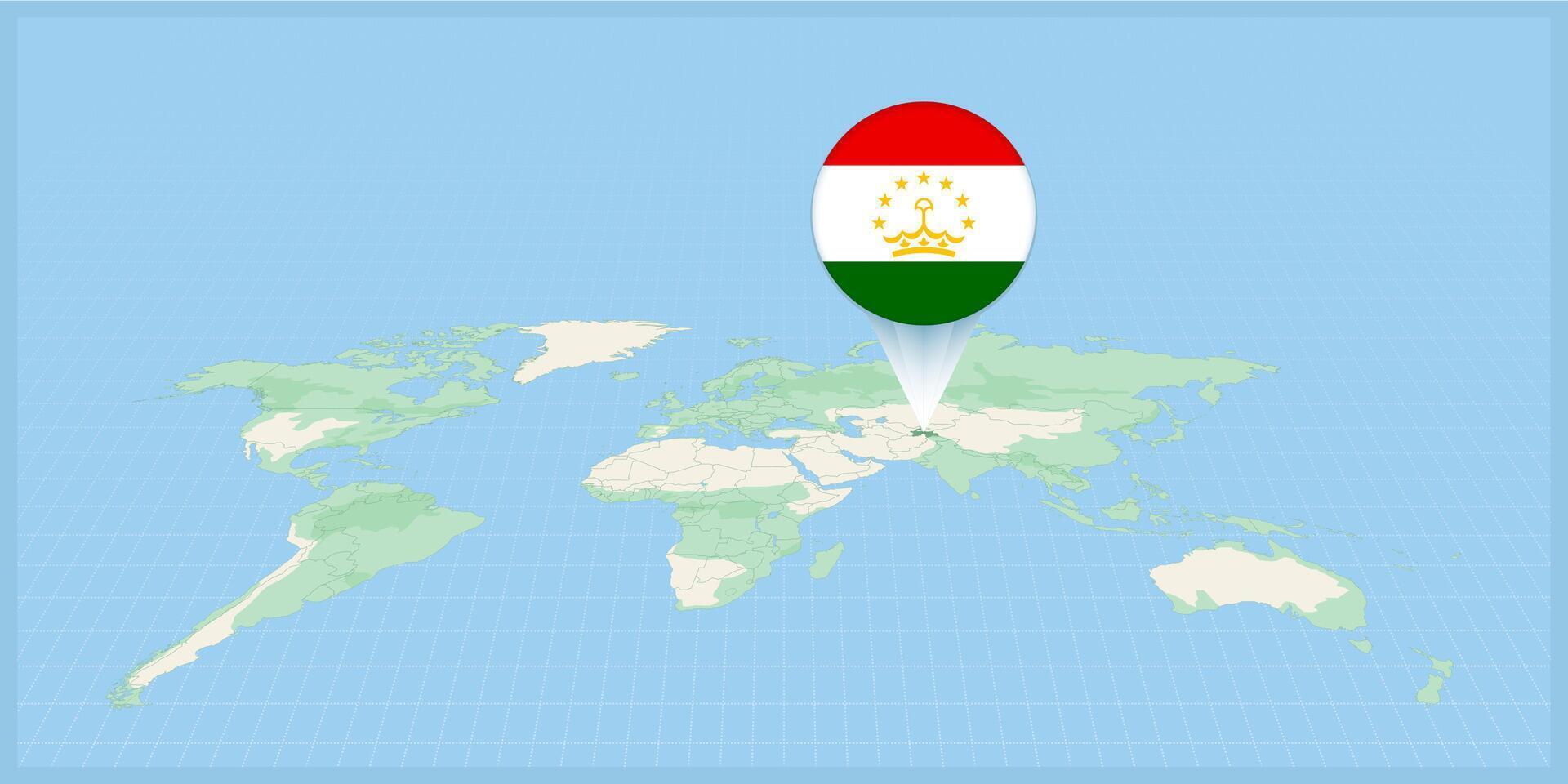 Location of Tajikistan on the world map, marked with Tajikistan flag pin. vector