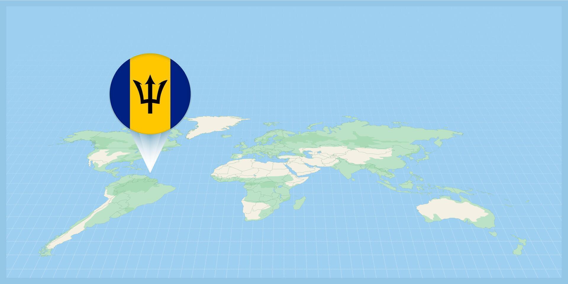 ubicación de barbados en el mundo mapa, marcado con barbados bandera alfiler. vector