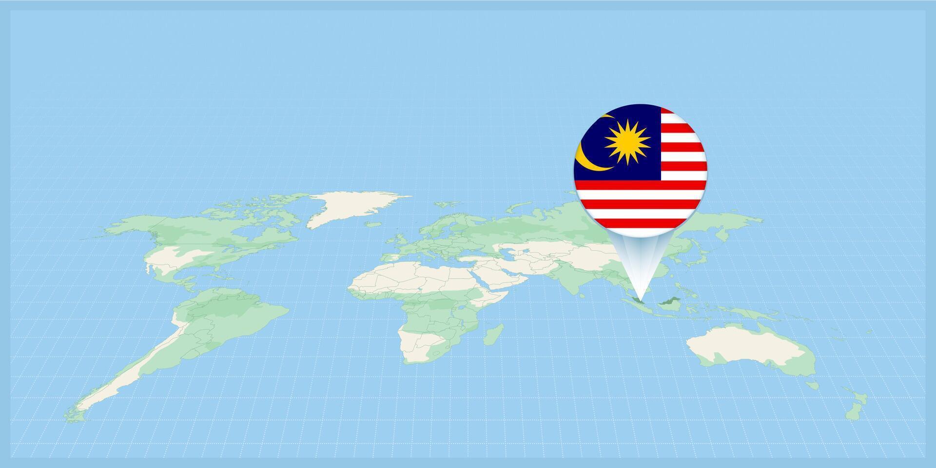 ubicación de Malasia en el mundo mapa, marcado con Malasia bandera alfiler. vector