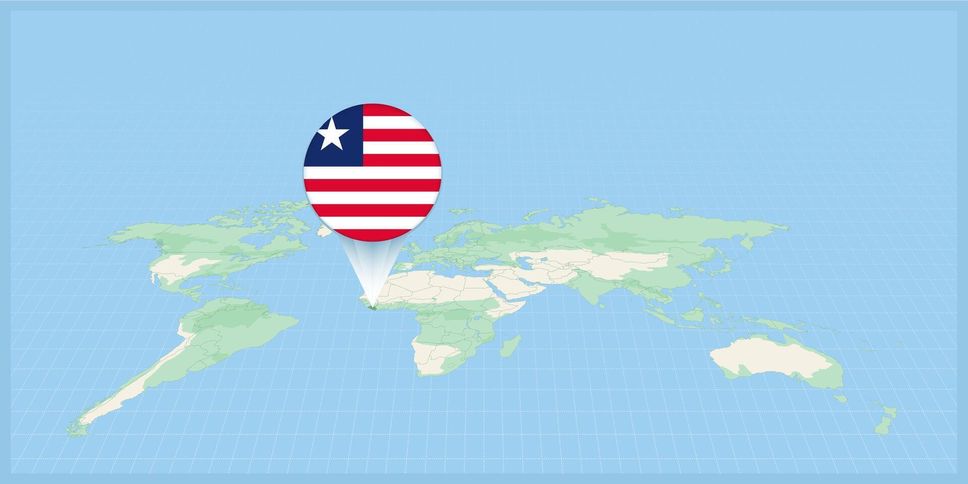 Location of Liberia on the world map, marked with Liberia flag pin. vector