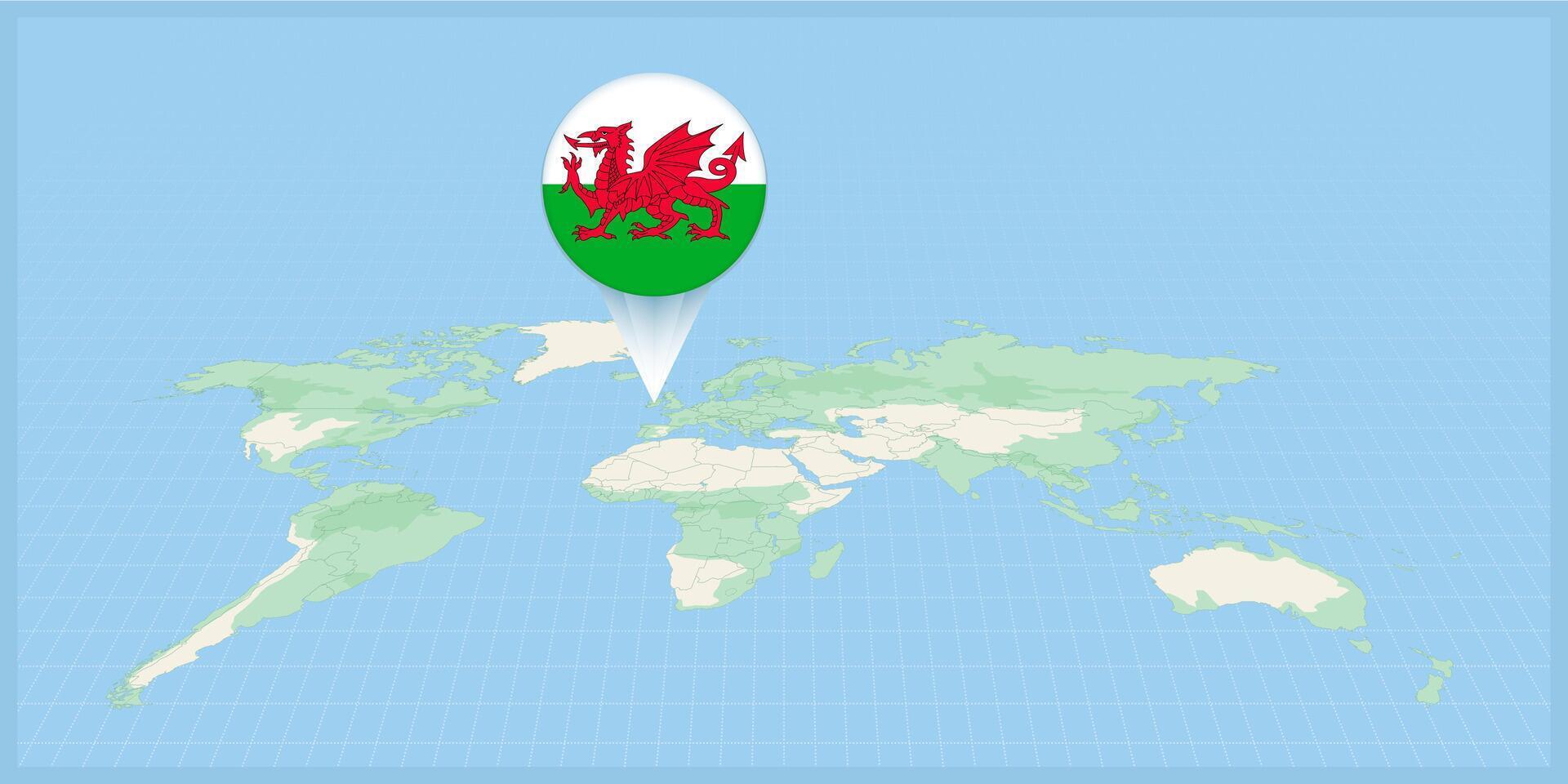Location of Wales on the world map, marked with Wales flag pin. vector