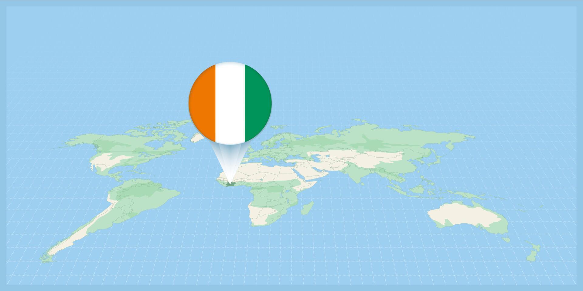 Location of Ivory Coast on the world map, marked with Ivory Coast flag pin. vector