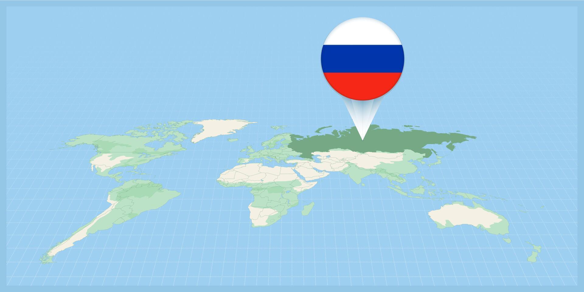 ubicación de Rusia en el mundo mapa, marcado con Rusia bandera alfiler. vector