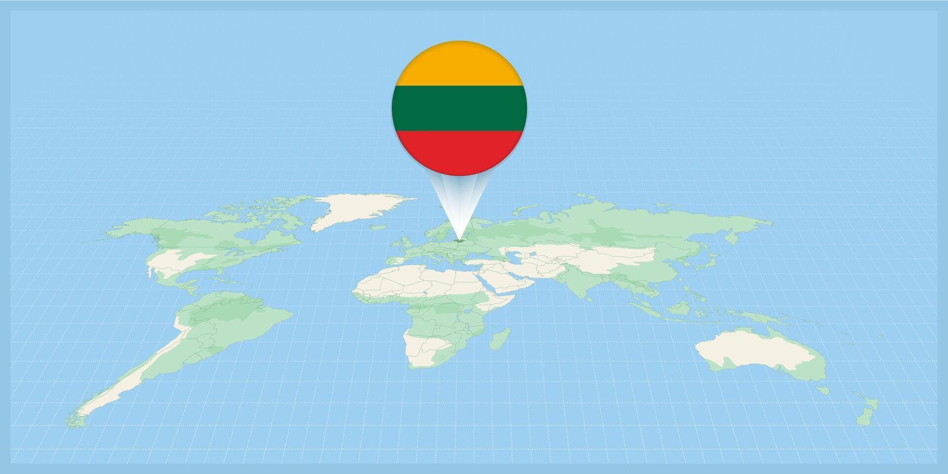 Location of Lithuania on the world map, marked with Lithuania flag pin. vector