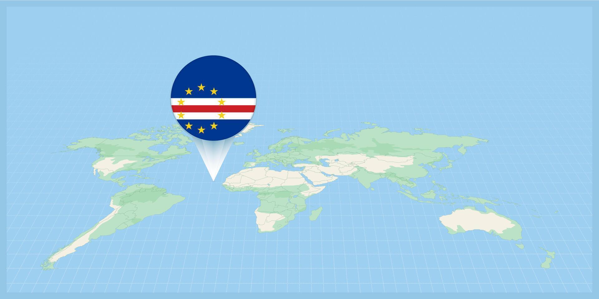 Location of Cape Verde on the world map, marked with Cape Verde flag pin. vector