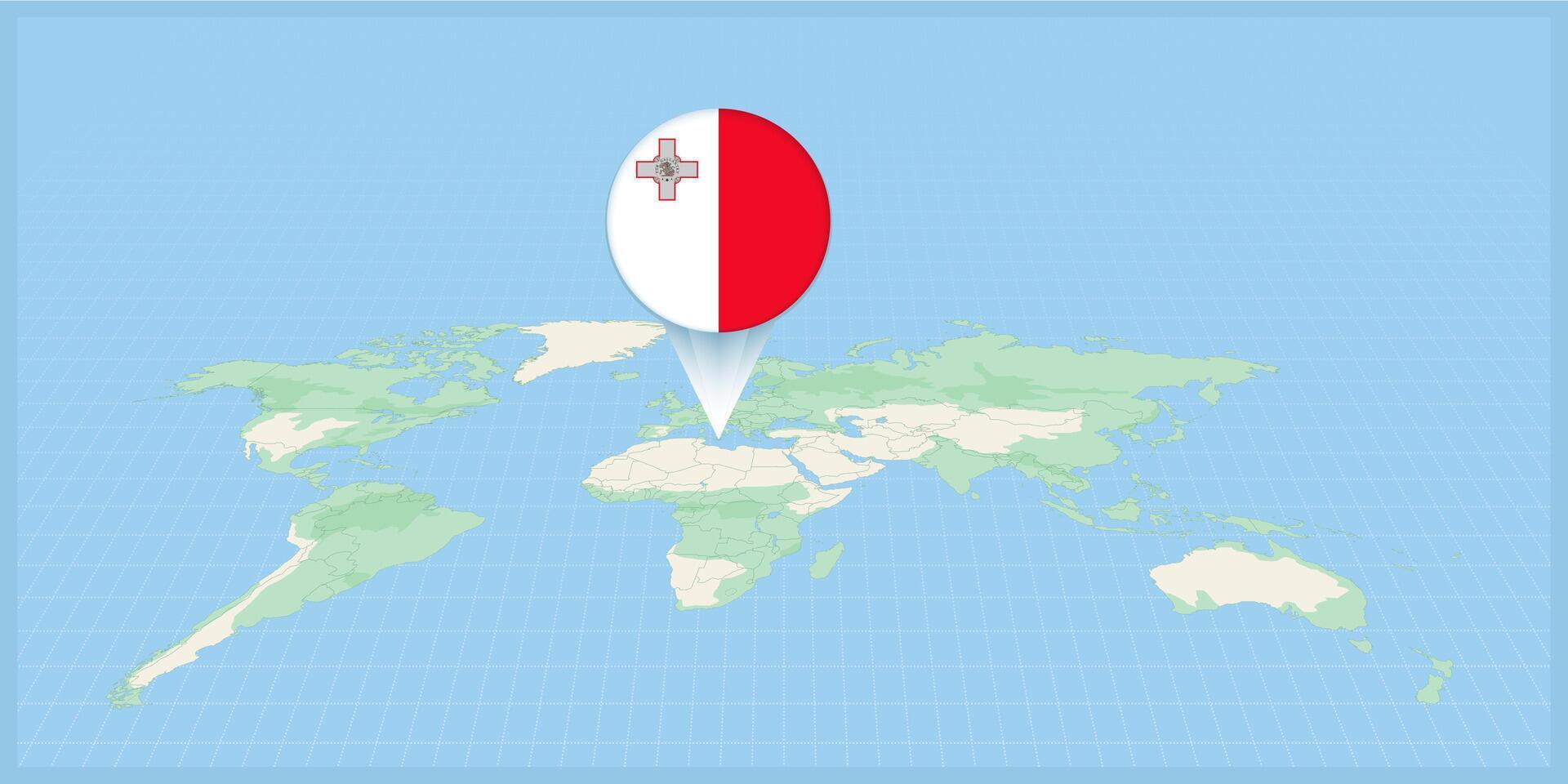 Location of Malta on the world map, marked with Malta flag pin. vector