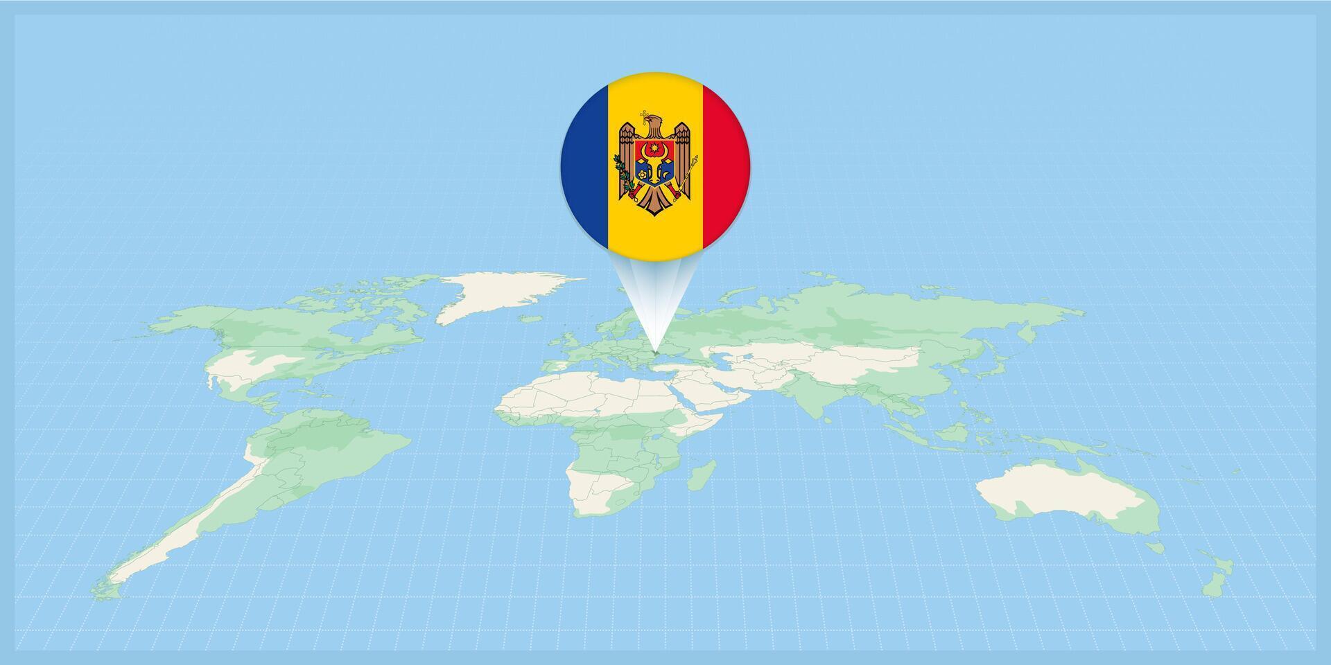 ubicación de Moldavia en el mundo mapa, marcado con Moldavia bandera alfiler. vector